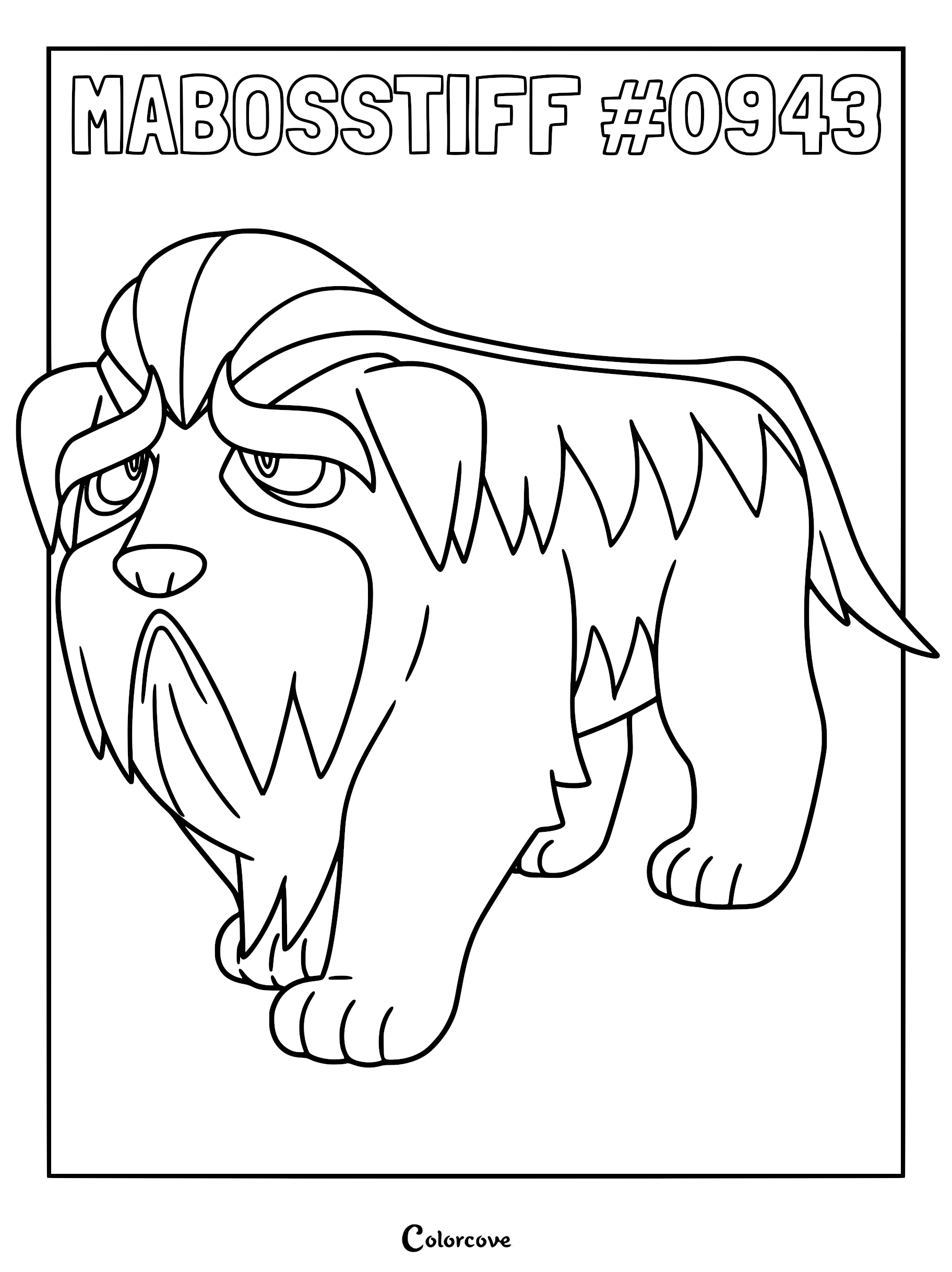 A detailed black and white coloring page of the Gen 9 Paldea Pokémon Mabosstiff, featuring its signature shaggy fur, drooping jowls, and stern expression.