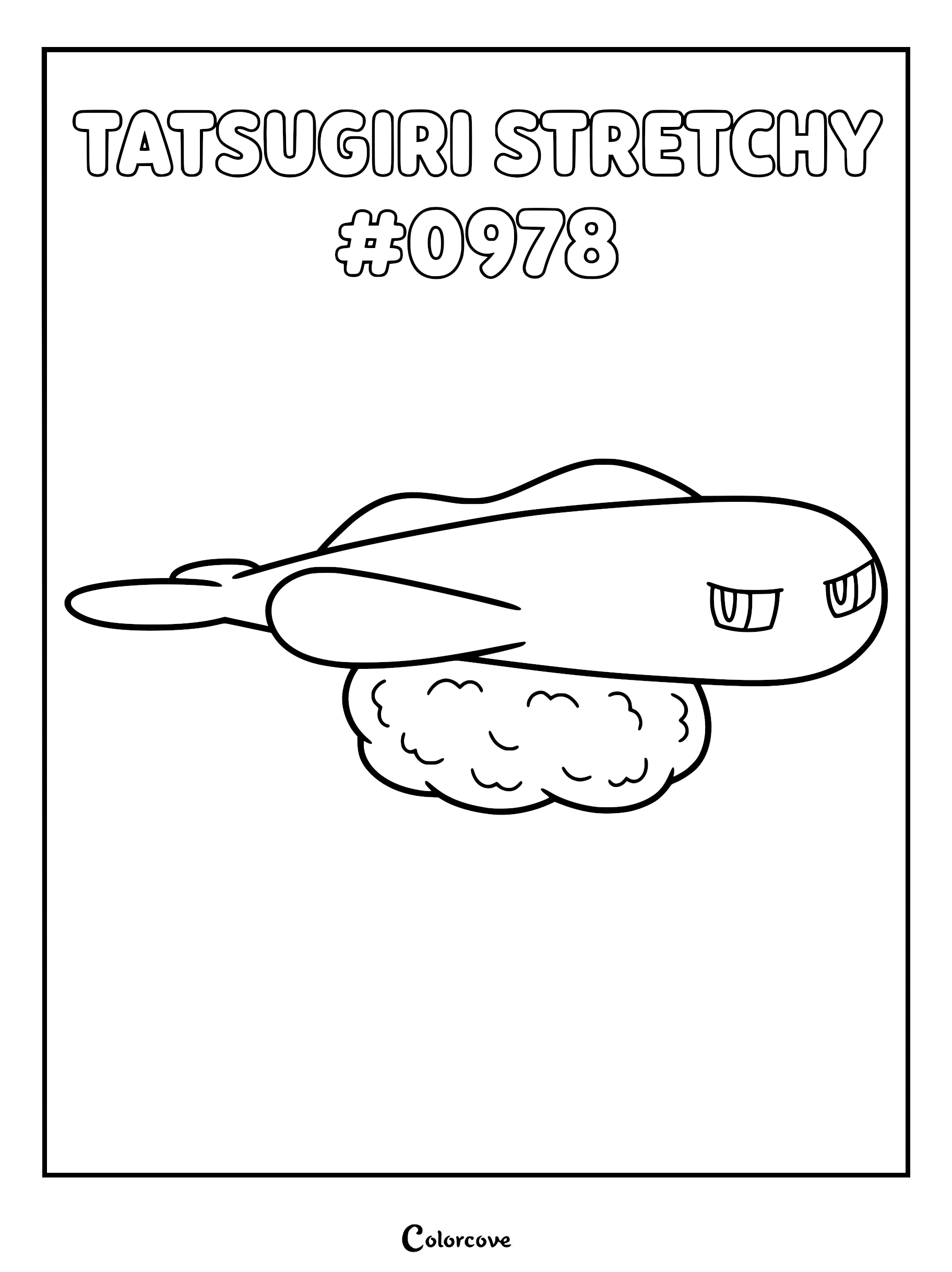 A printable coloring page featuring the Stretchy Form of Tatsugiri, the sushi-like Paldea Pokémon, with bold outlines.