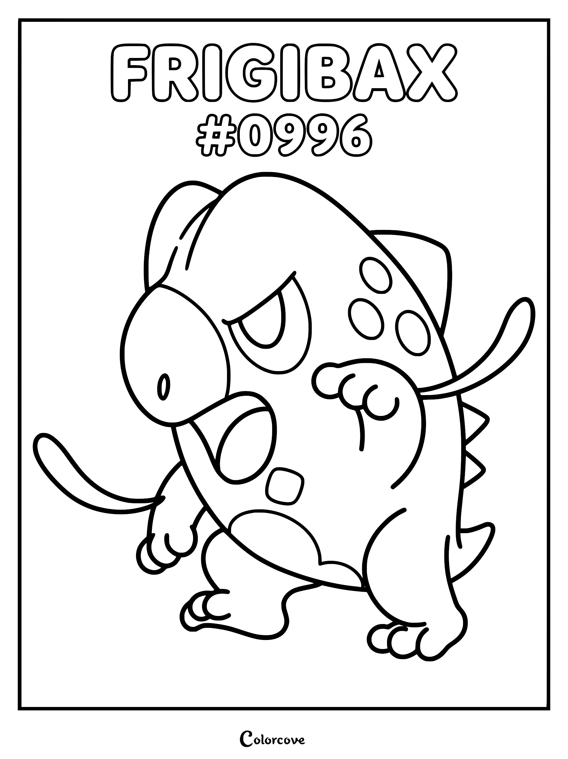 A printable coloring page featuring the Paldean Pokémon Frigibax with its signature dorsal fin and round body.