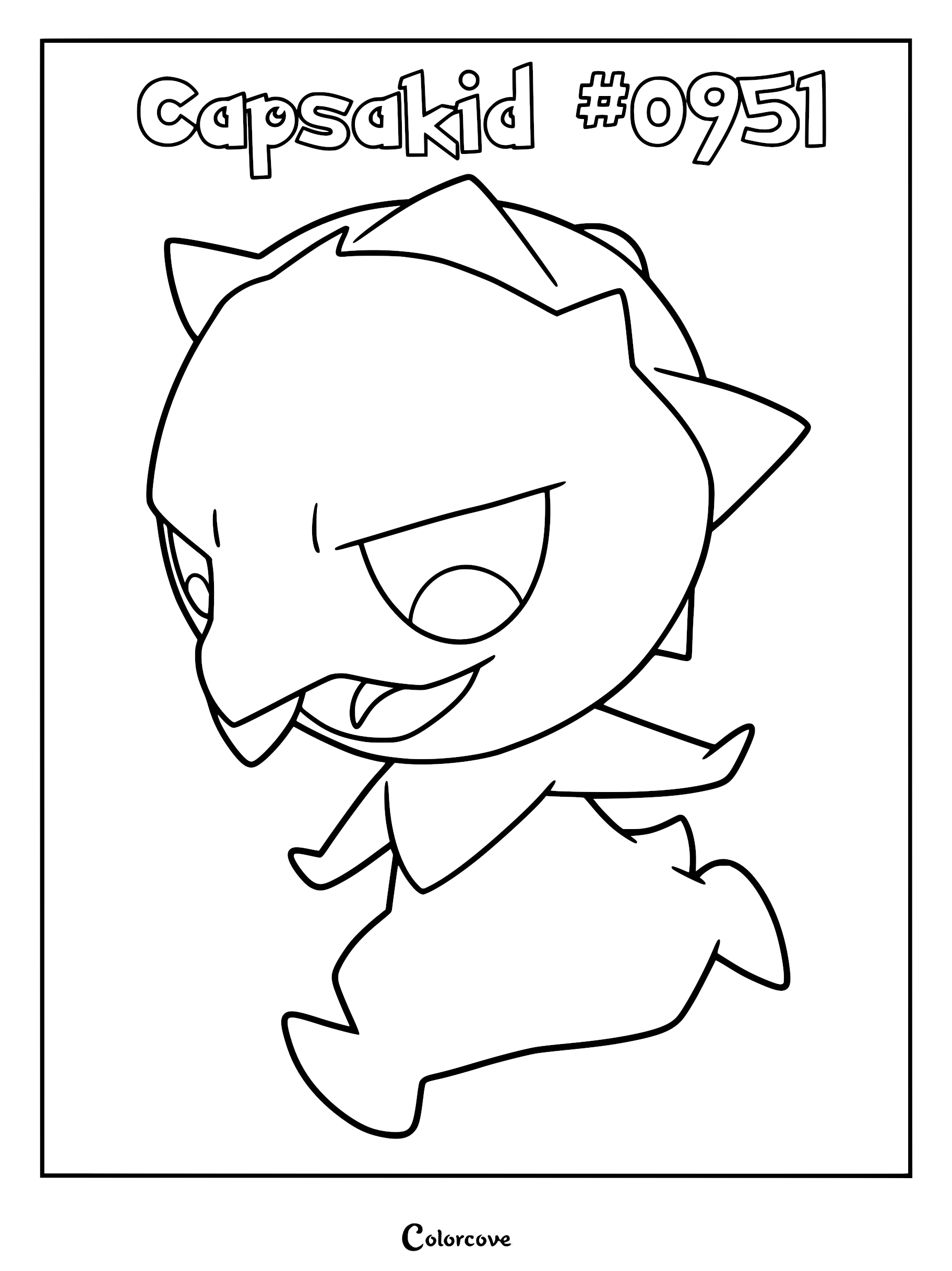 A printable coloring page featuring Capsakid, the spicy Fire-type Pokémon from Paldea, with its signature spiky head and mischievous expression.