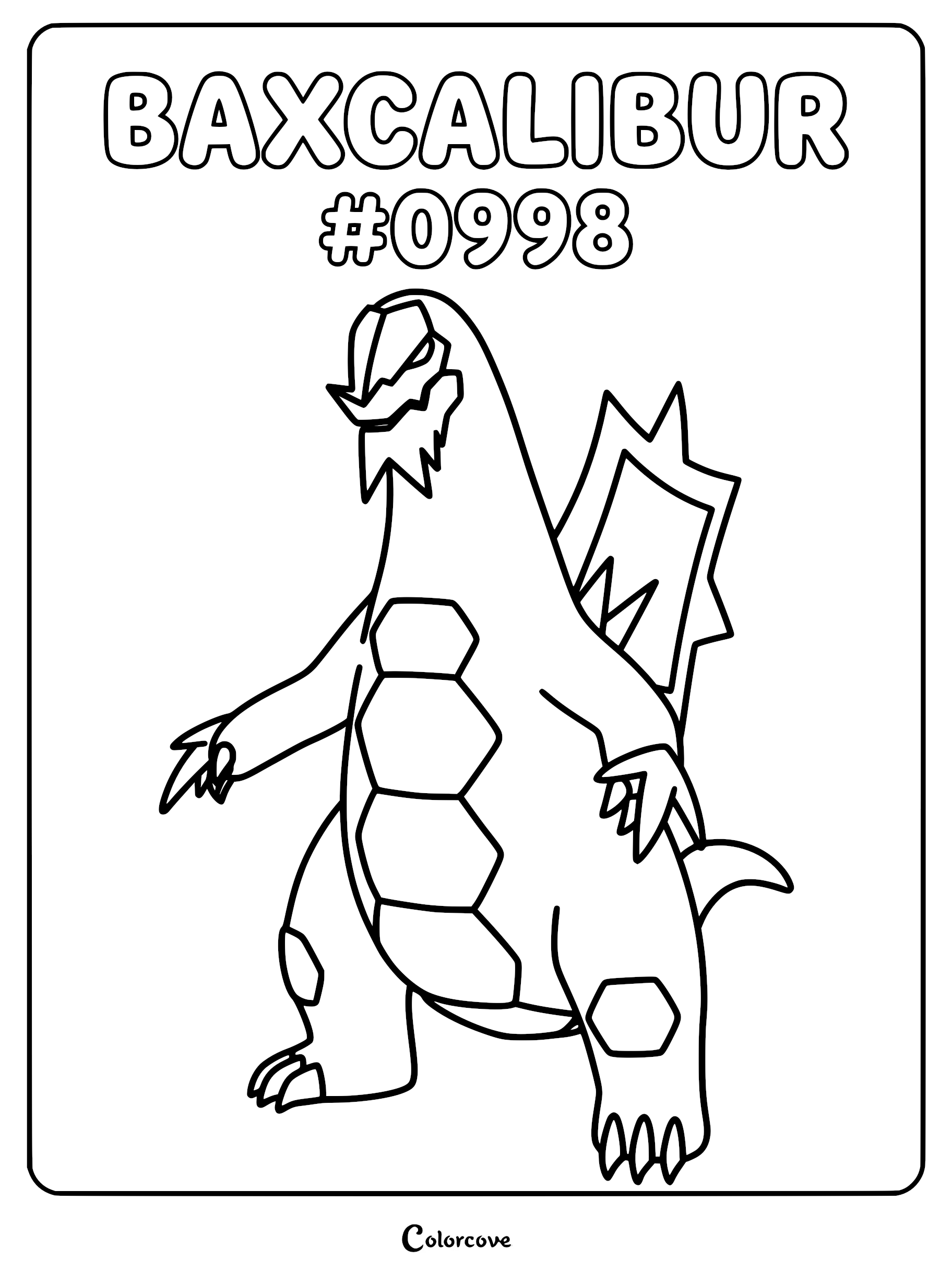 Baxcalibur coloring page featuring the Gen 9 Paldea Pokémon standing with its signature back fin and hexagonal chest plates.