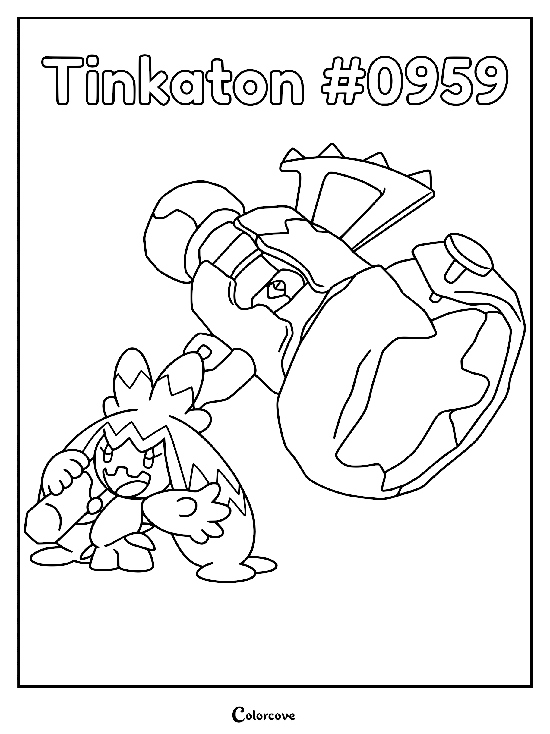 Tinkaton holding its massive metal hammer in a black and white line art coloring page style.