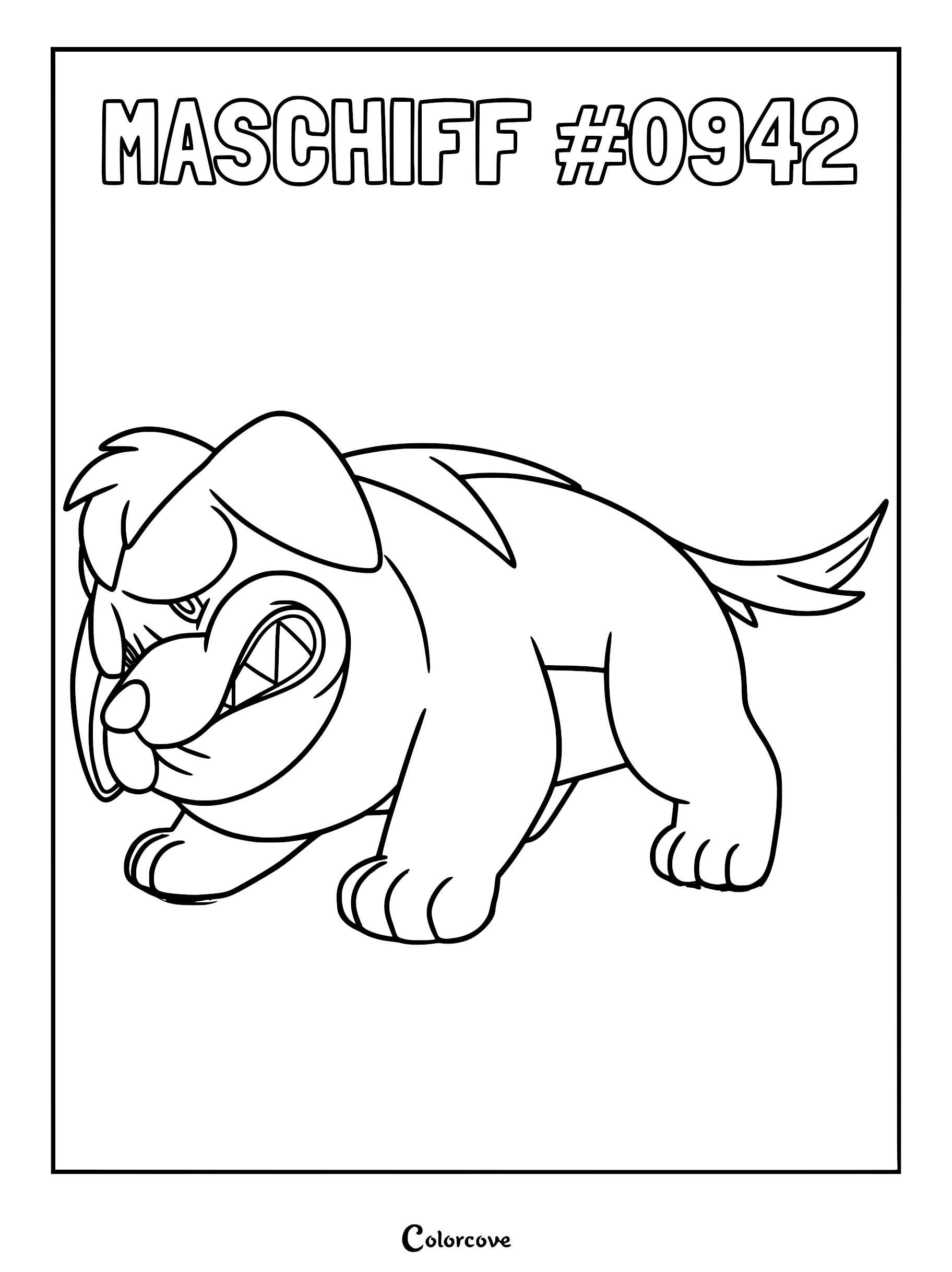 A printable coloring page featuring Maschiff, the grumpy-looking puppy Pokémon from Paldea, with bold outlines.