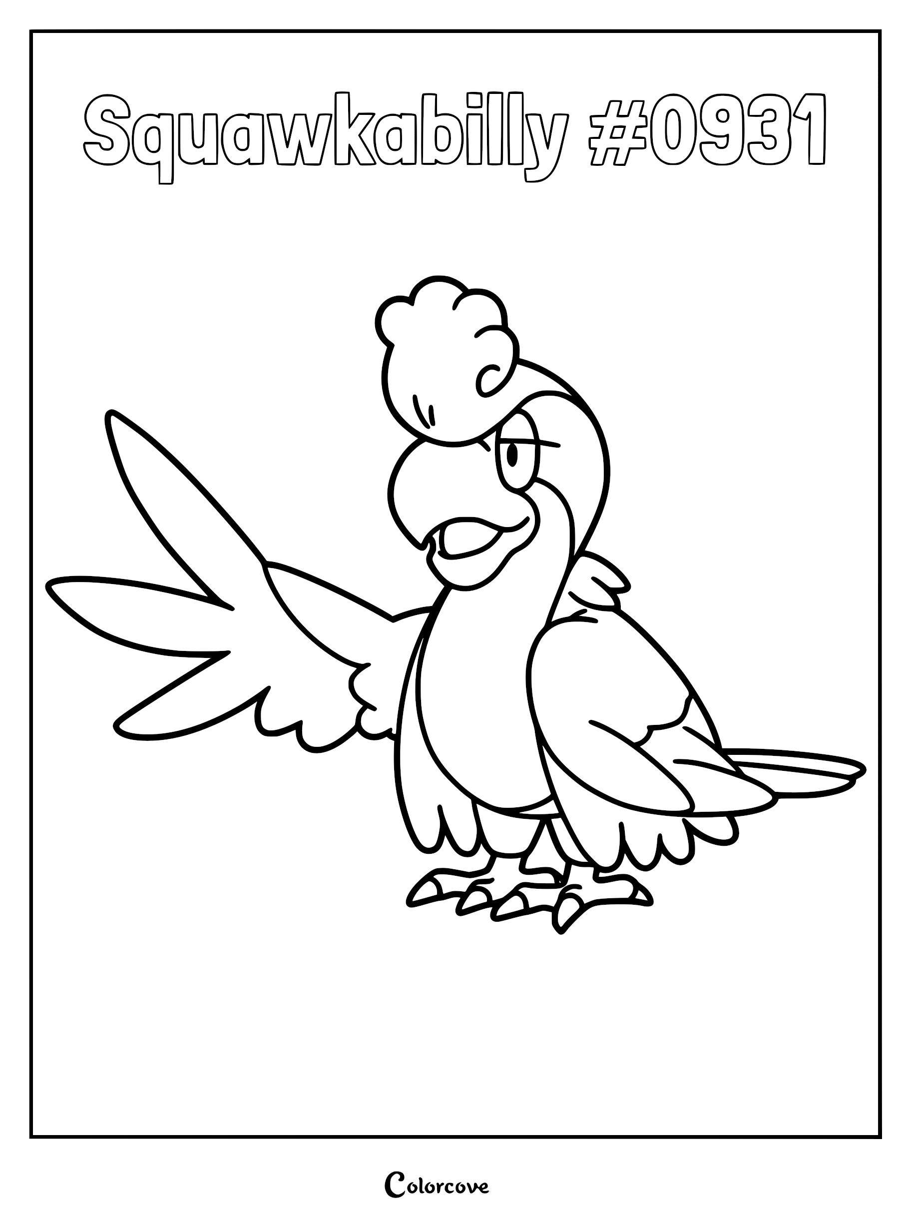 A black and white line art coloring page of Squawkabilly, the parrot-like Pokémon, standing with its wing outstretched.
