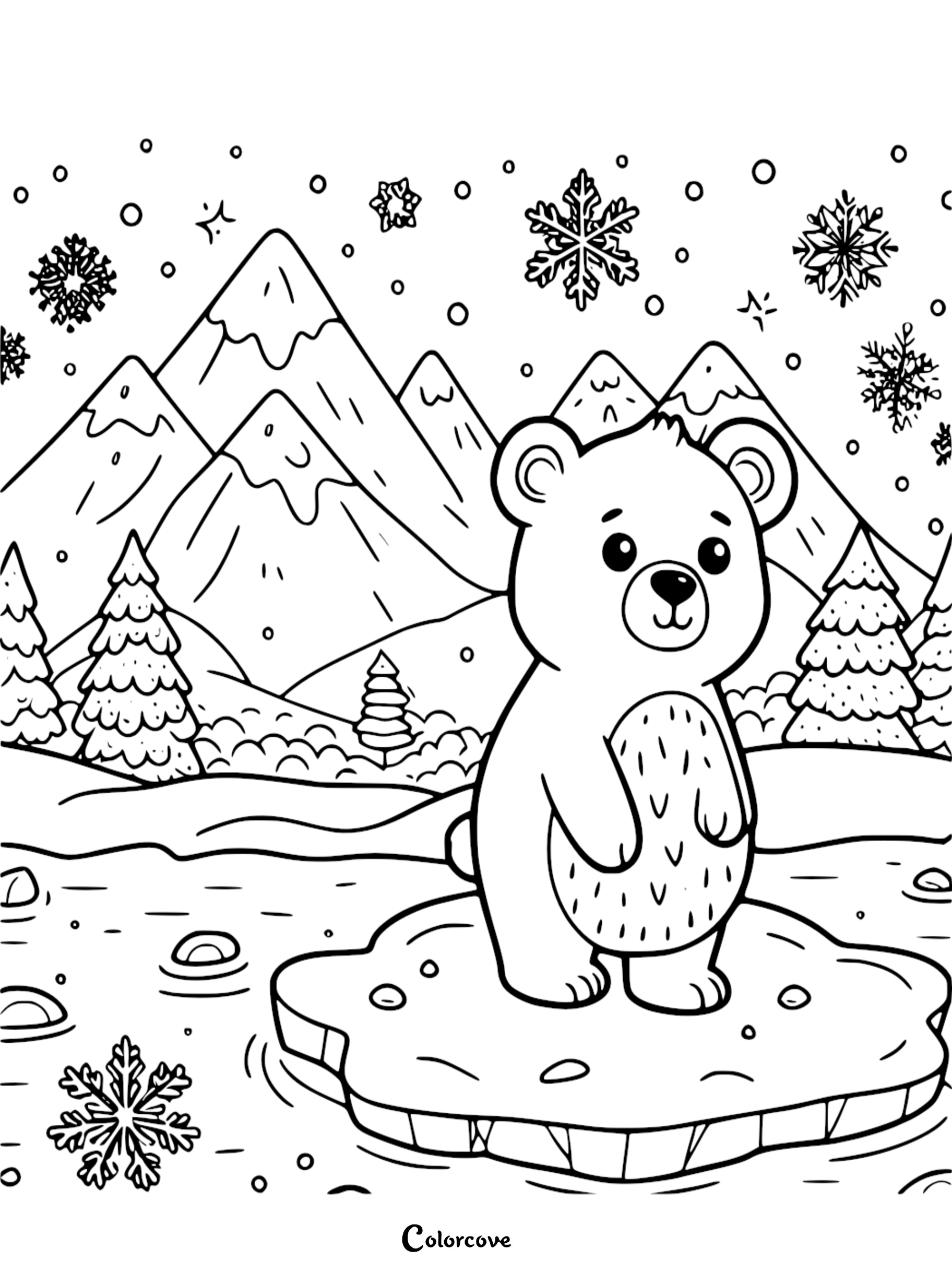 Cute polar bear coloring page for kids featuring snowflakes, mountains, and pine trees in a winter wonderland setting.