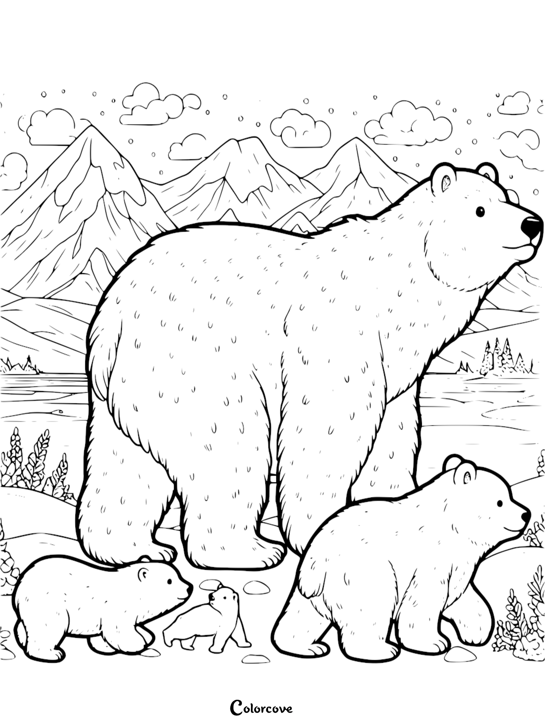 Bear family coloring page with mountains and forest backdrop. Perfect for kids' creative activities and nature lovers.