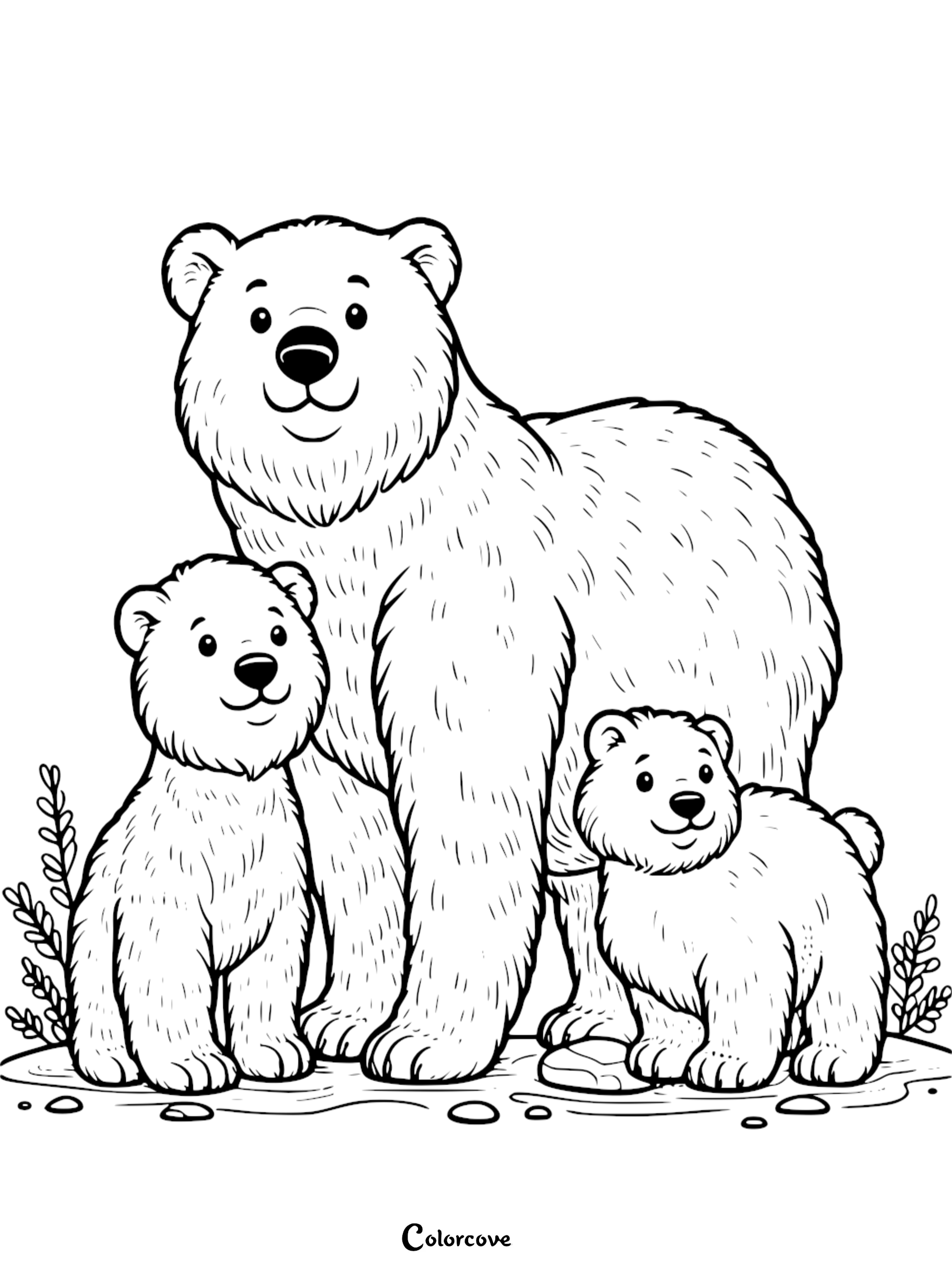 Family of three bears coloring page with detailed line art, perfect for kids and adults. Download and print for free.