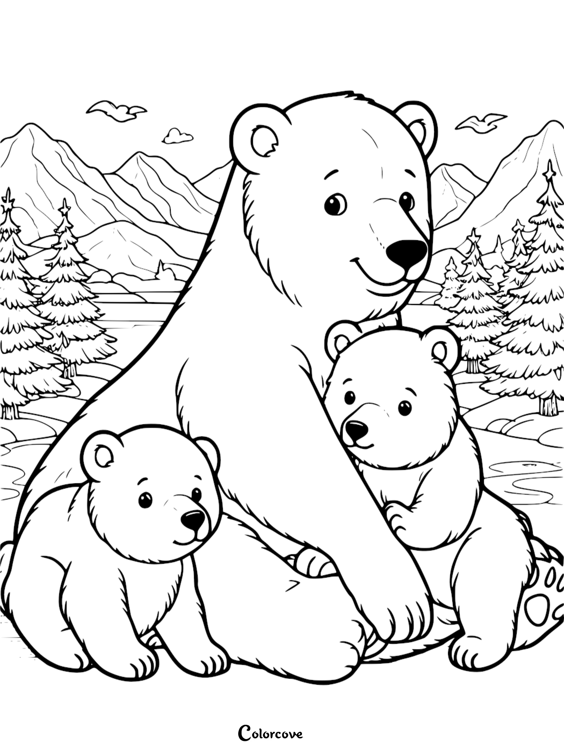 Coloring page of a mother bear with two bear cubs in a scenic mountain and forest background. Family and nature illustration.