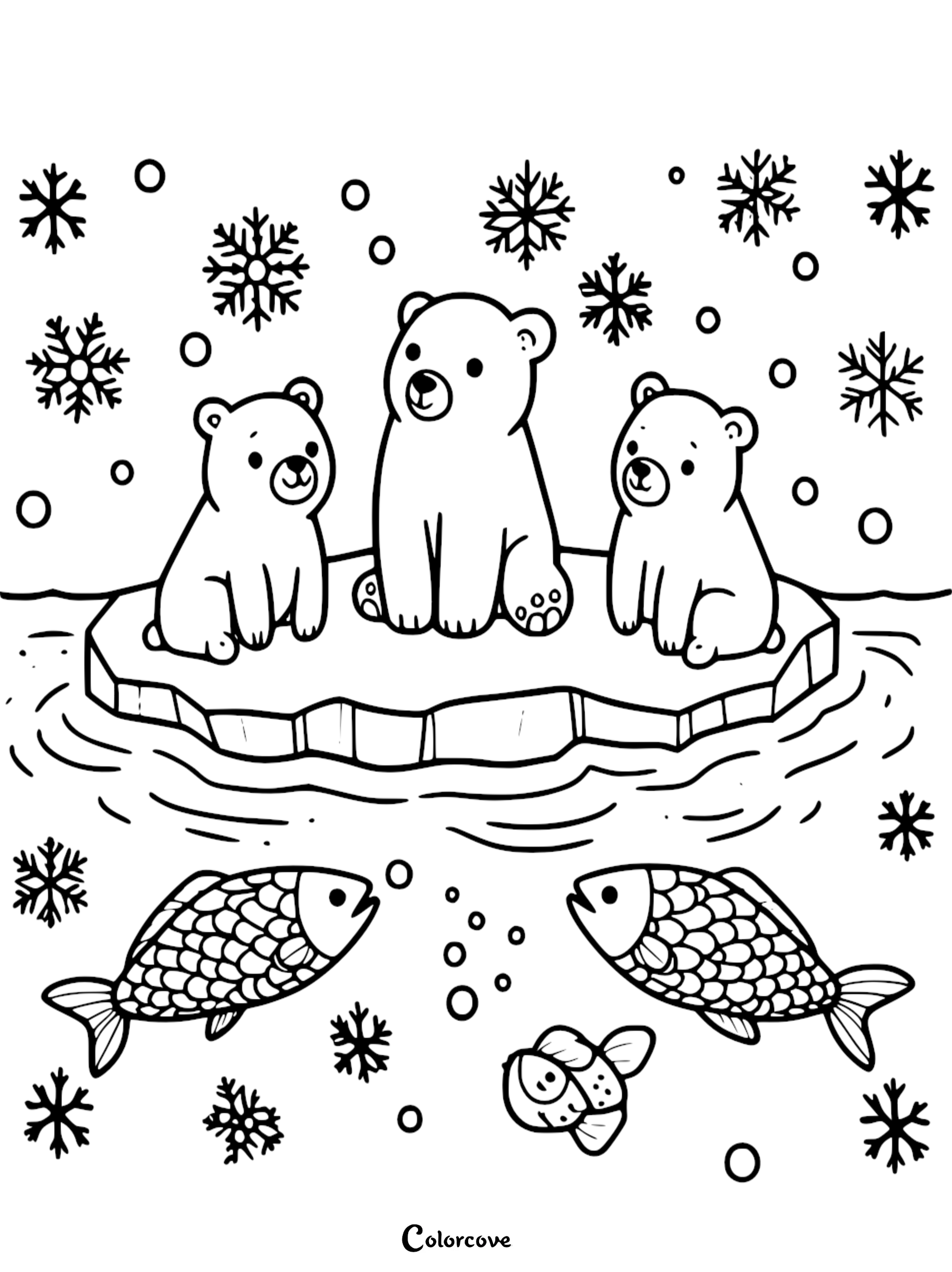 Coloring page: three polar bears on ice floe with snowflakes and fish in water, Arctic wildlife scene.