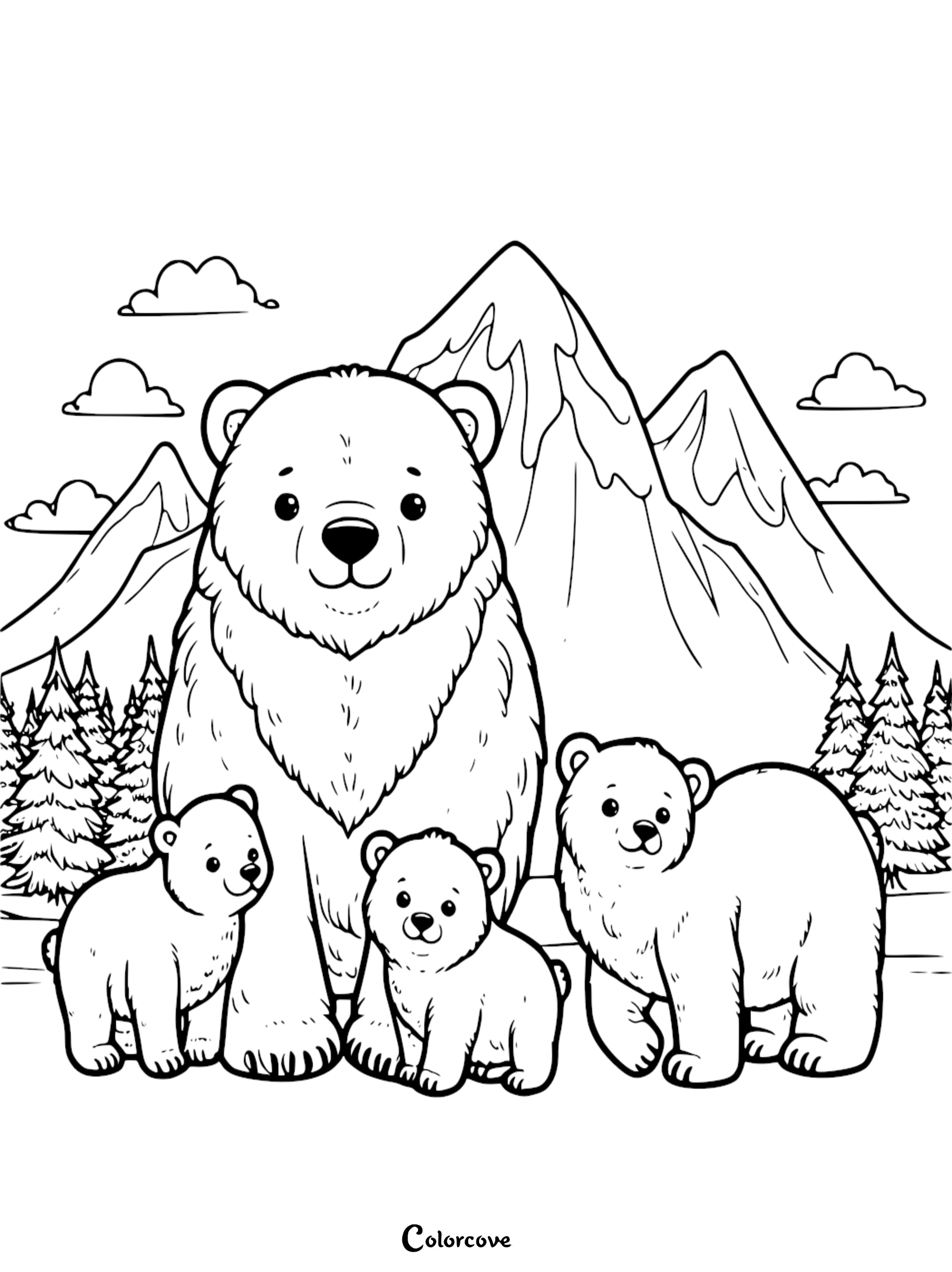 A cute bear family with cubs in a mountain landscape coloring page for kids; ColorCove illustration.