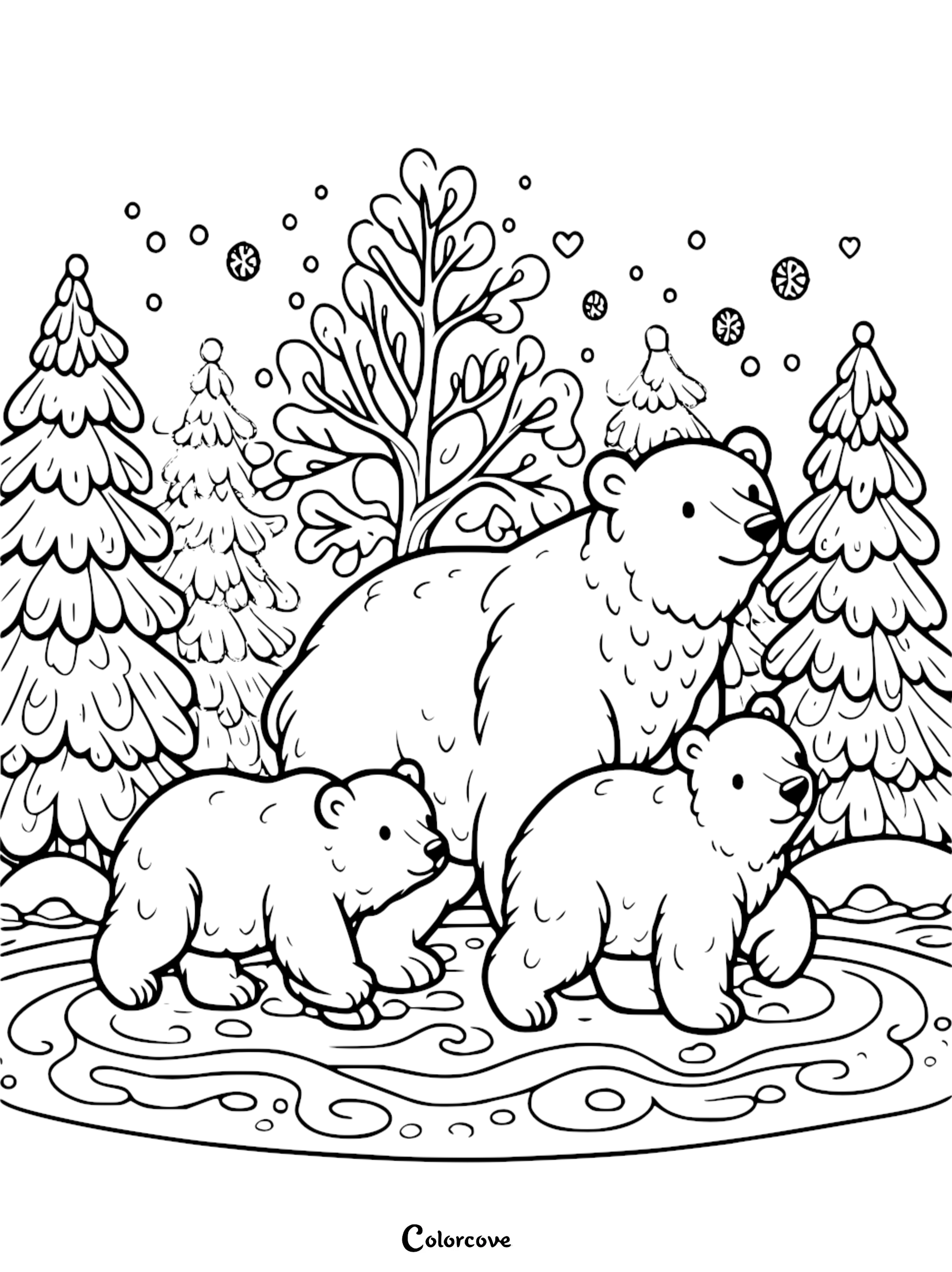 Polar bear family in snow-covered forest, coloring page for kids featuring playful cubs and winter scenery.