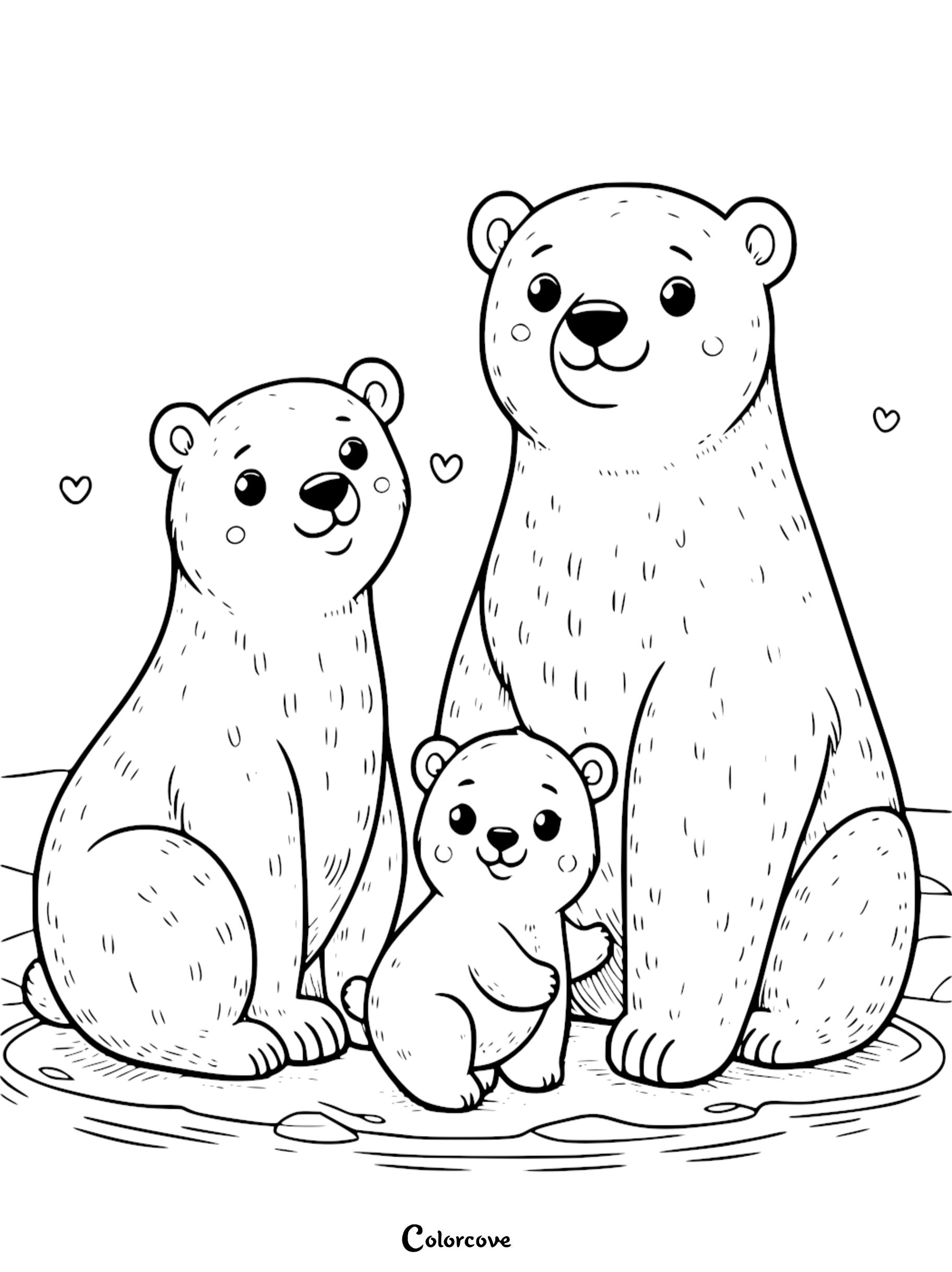 Cute teddy bear family coloring page for kids featuring mom, dad, and baby bear sitting together, hearts in the background.