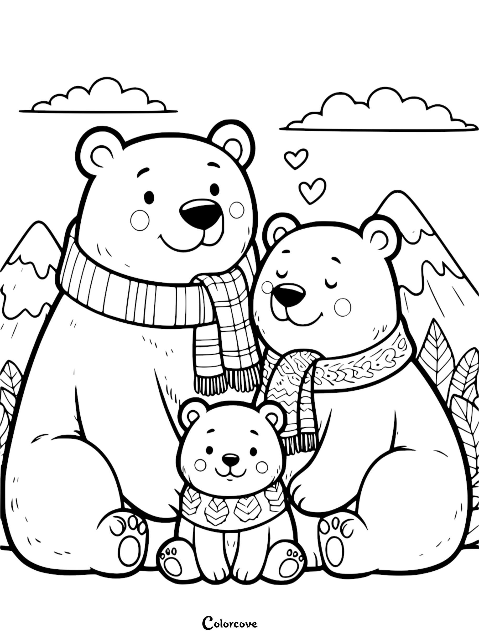 Happy polar bear family coloring page, featuring two adult bears and a cub in sweaters and scarves, with scenic mountains in the background.