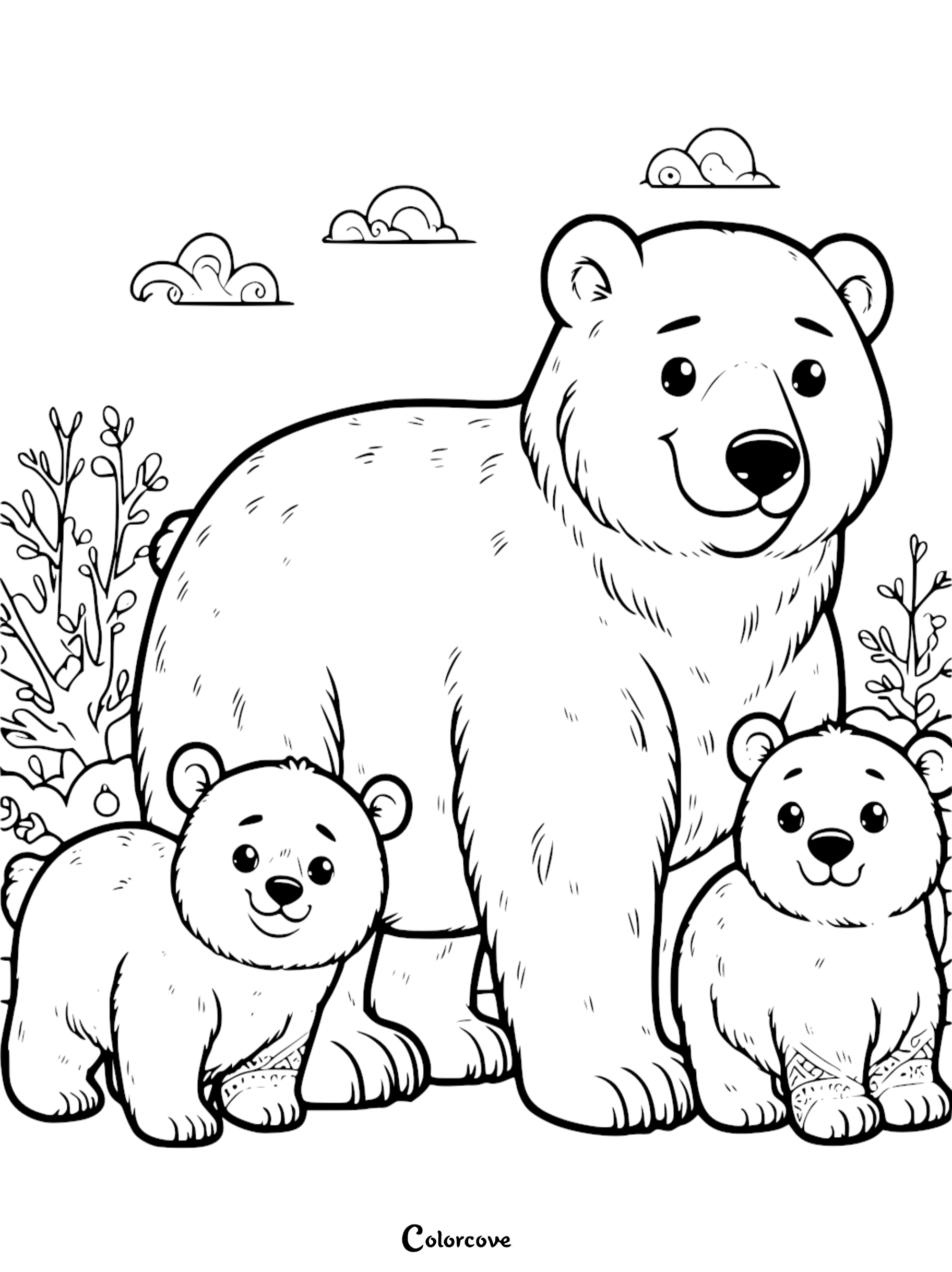 Coloring page featuring a happy bear family with a mother bear and two cubs, surrounded by nature and clouds in the sky.