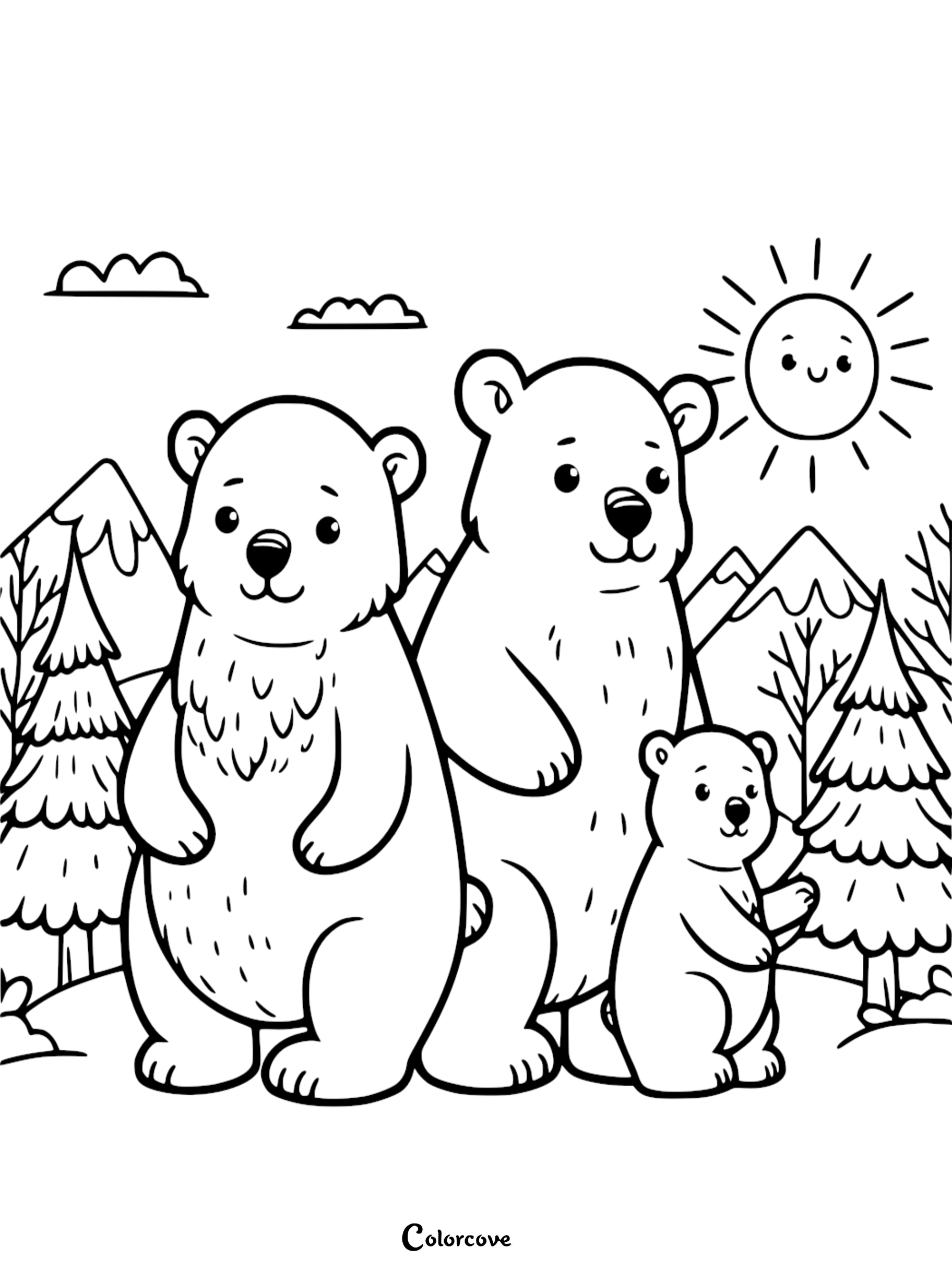 Coloring page with a bear family in a forest with trees, mountains, and a smiling sun in the background.