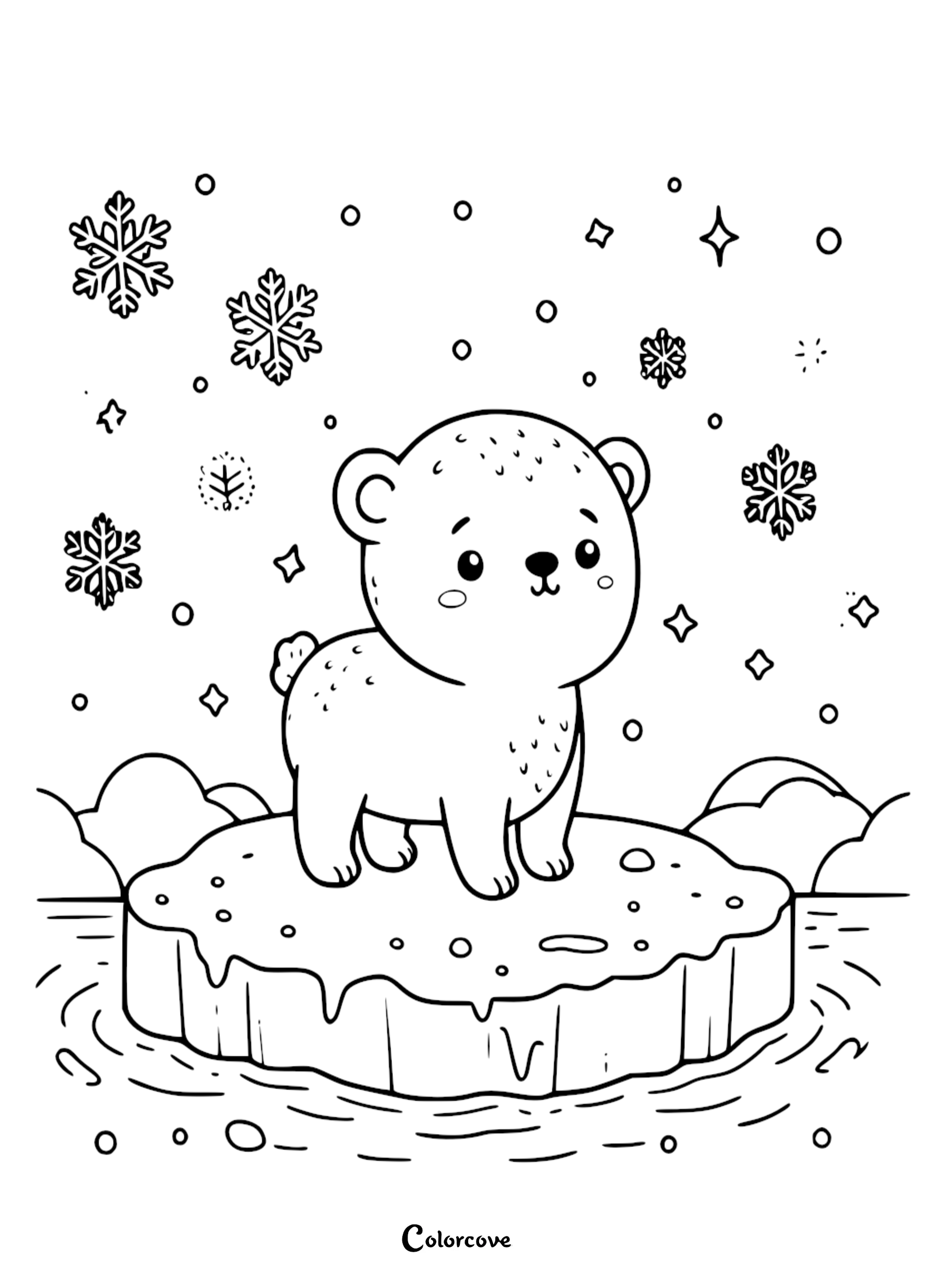 Cute polar bear on ice floe coloring page with snowflakes and stars in the background, perfect for kids' winter activity.