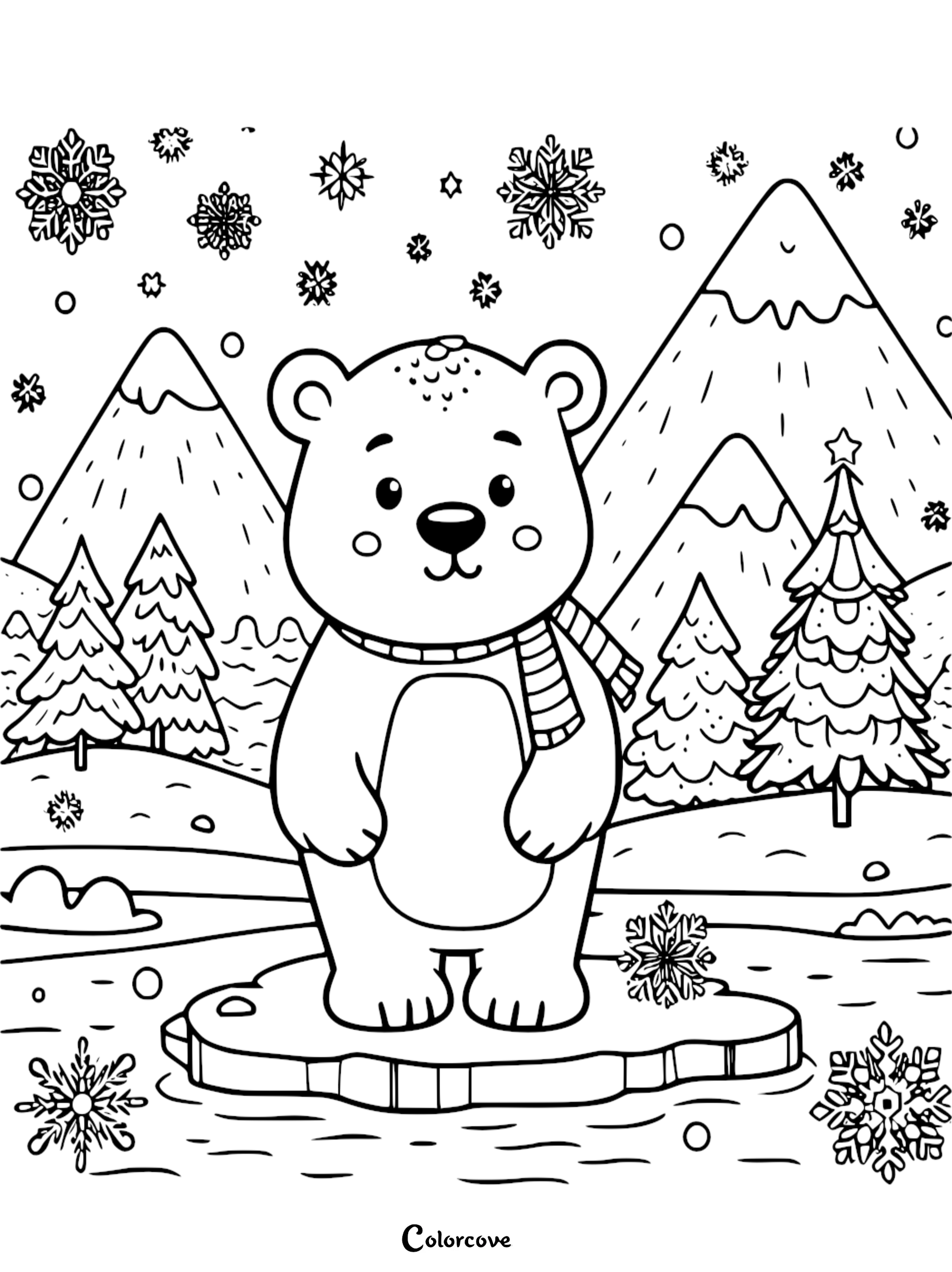 Cute bear coloring page featuring a smiling bear wearing a scarf, standing on ice, surrounded by mountains and snowflakes.
