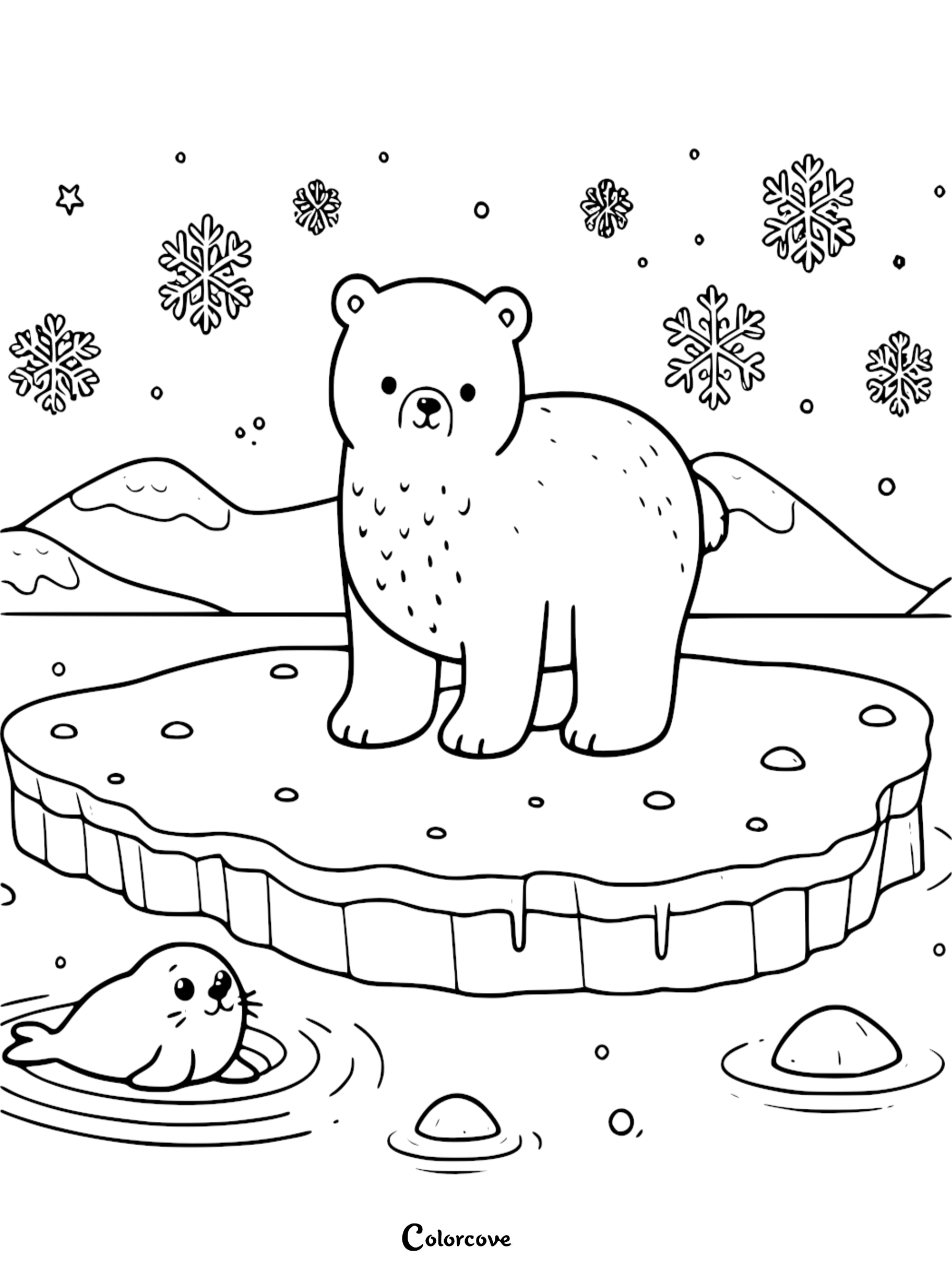 Coloring page featuring a cute bear on an ice floe with a seal in the water, surrounded by snowflakes and mountains.