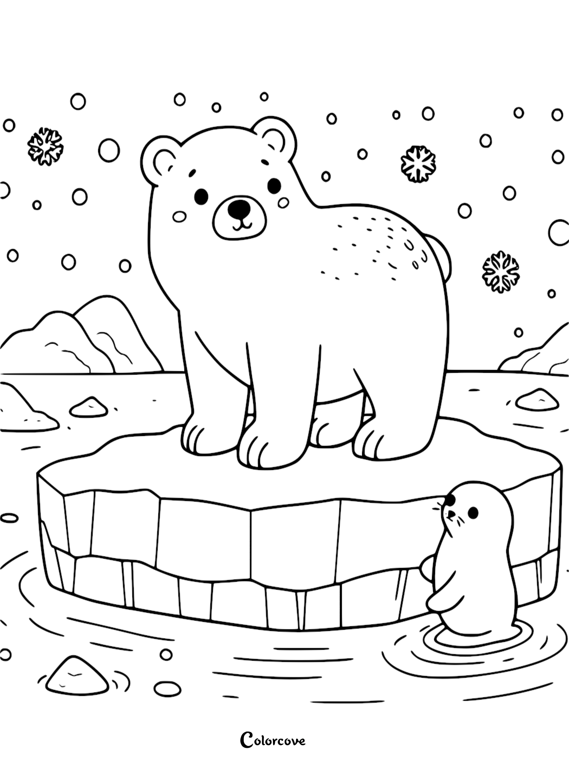 Coloring page of cute bear and seal on ice in winter scene with snowflakes. Perfect for kids' creative activities.