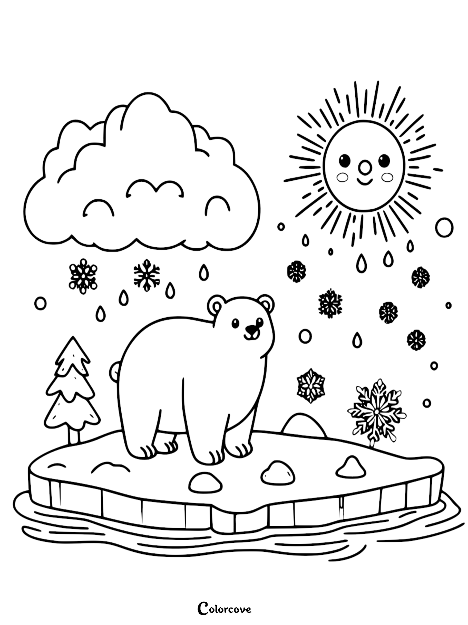 Coloring page featuring a cute polar bear on an iceberg with snowflakes, a smiling sun, and clouds in the background.
