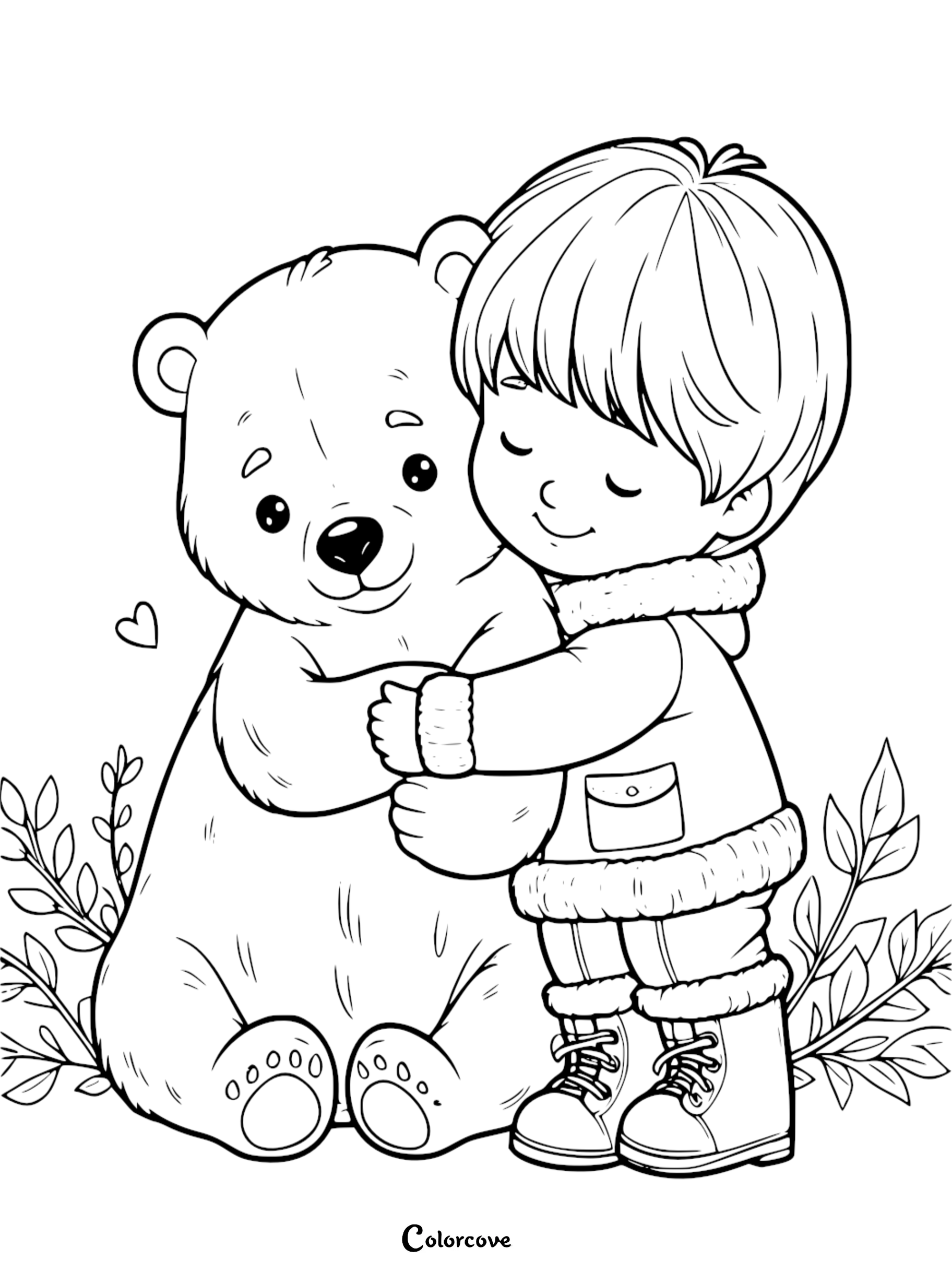 Child hugging a teddy bear coloring page. Perfect for kids to color and enjoy. Free printable. Cute friendship drawing.