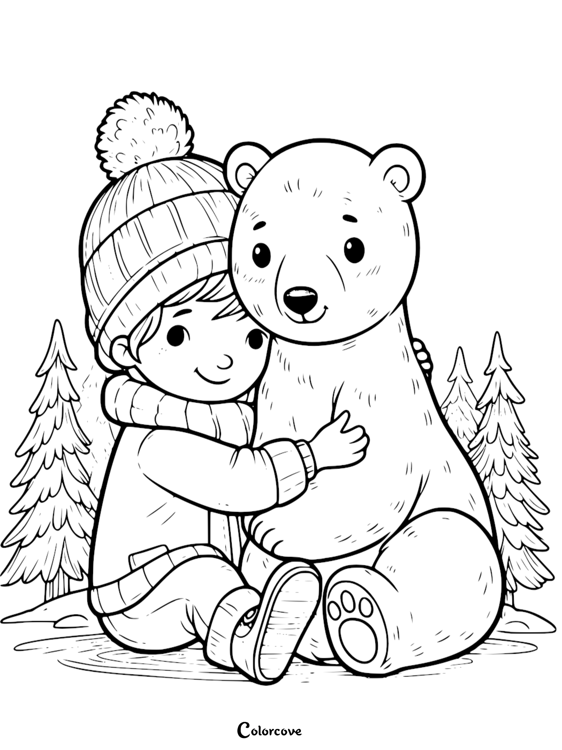 Child hugging a bear in a winter scene, coloring page with snowy trees. Cozy winter outfit with hat and scarf.