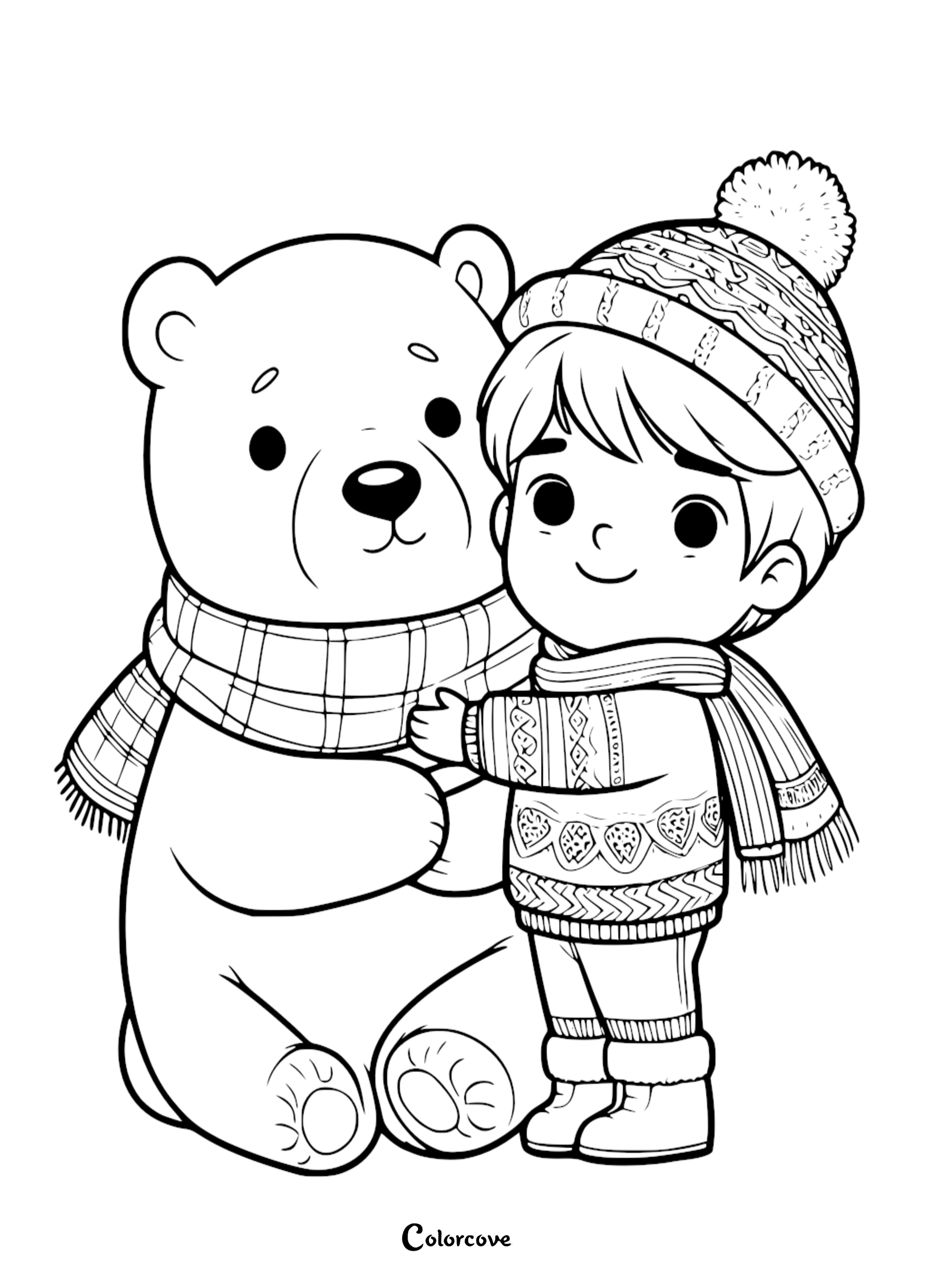 Cute winter-themed coloring page with a little boy and a big bear wearing scarves and sweaters. Fun activity for kids.