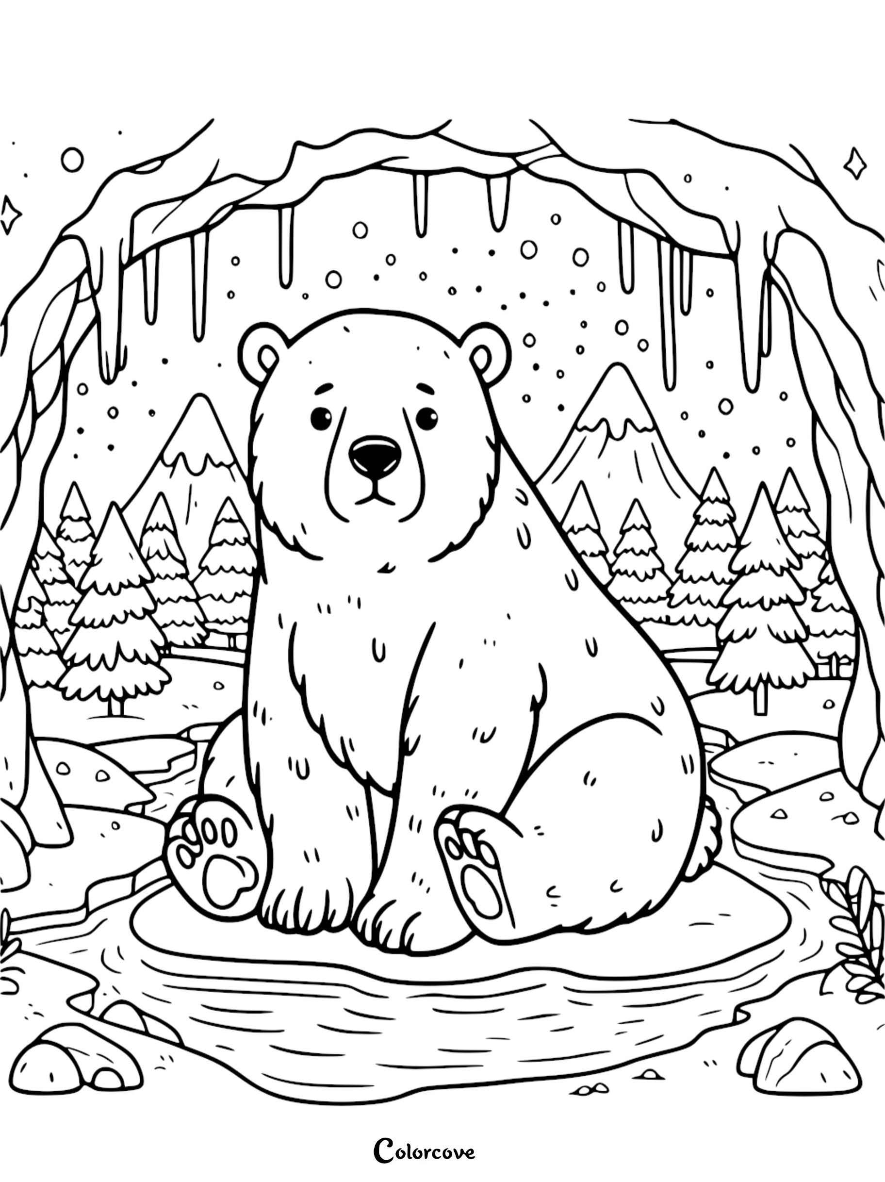 Bear coloring page with snowy mountain background, icicles, and evergreen trees - perfect for kids and adults to color.