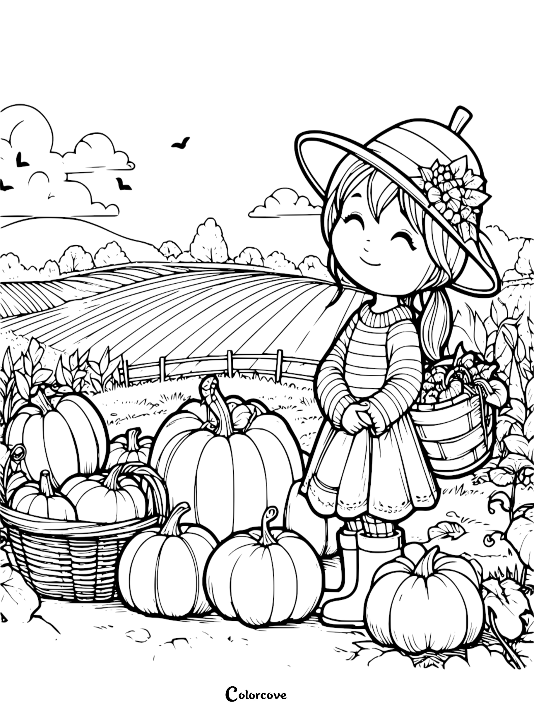 Girl in hat with basket stands by pumpkins in field. Printable fall coloring page from ColorCove.org. Happy harvest scene.