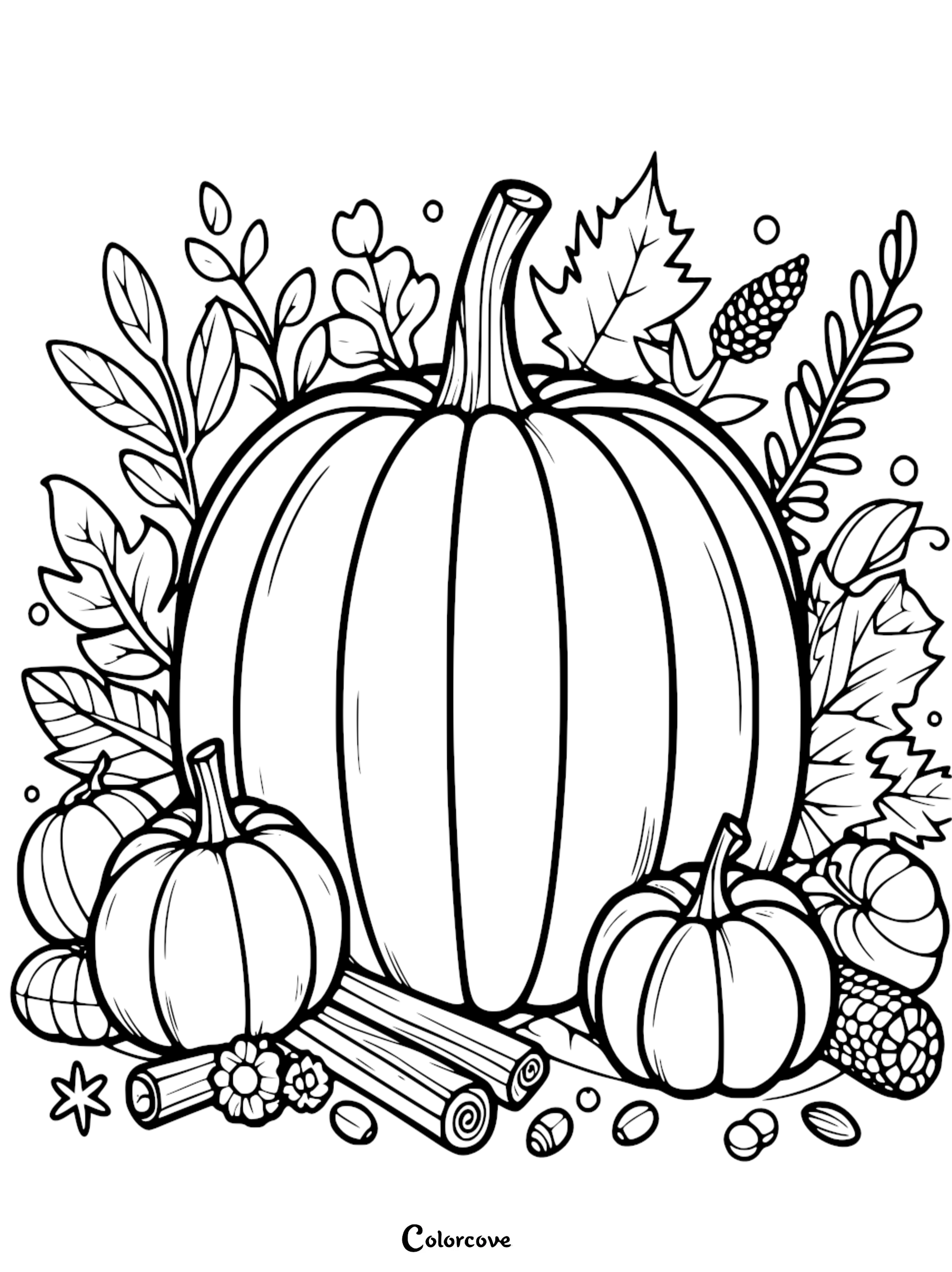 Pumpkin and fall harvest coloring page with leaves, small pumpkins, corn, cinnamon sticks, and acorns designed for kids.