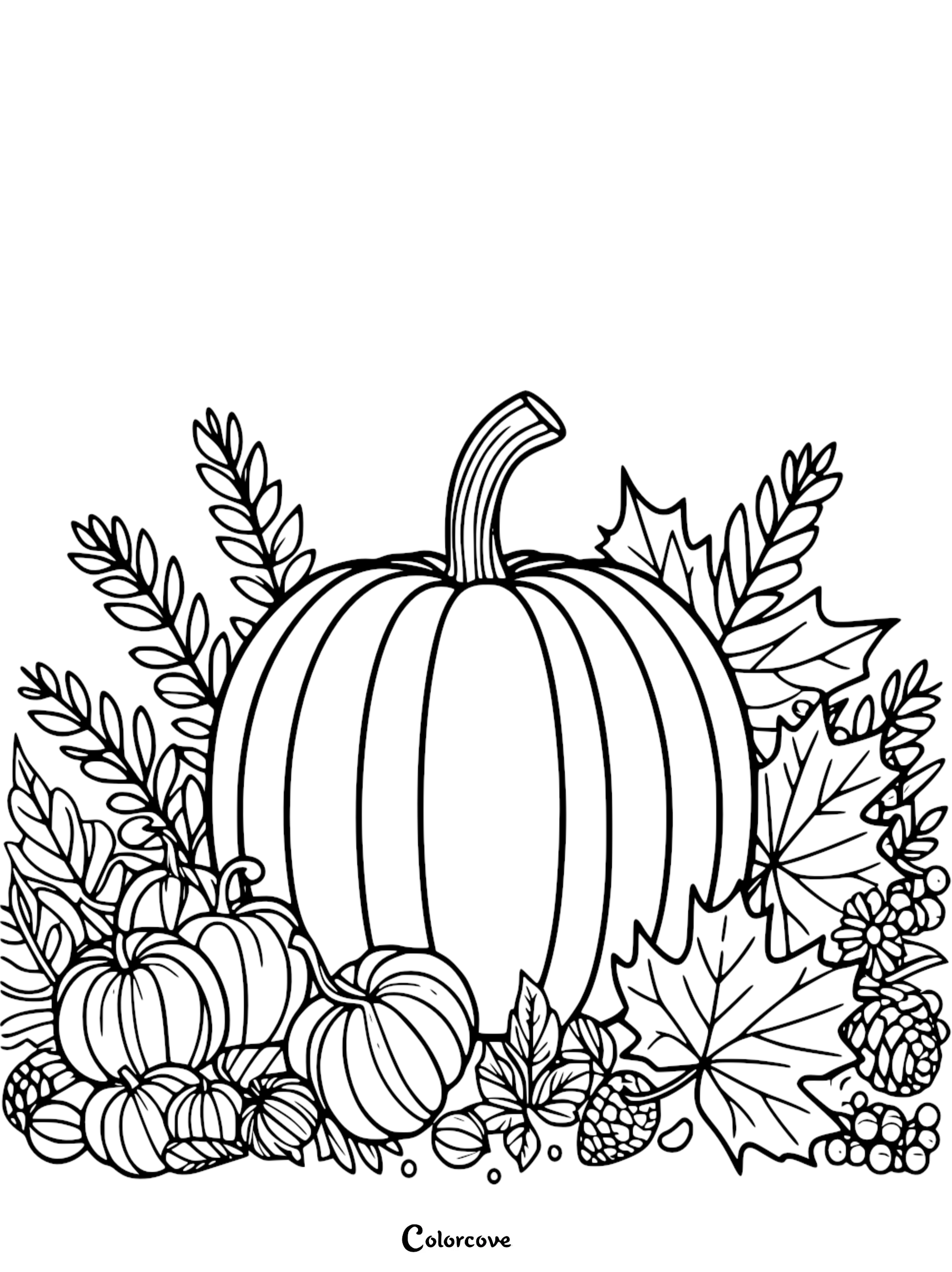 Pumpkin harvest coloring page featuring pumpkins, leaves, and acorns, perfect for autumn and fall coloring activities.