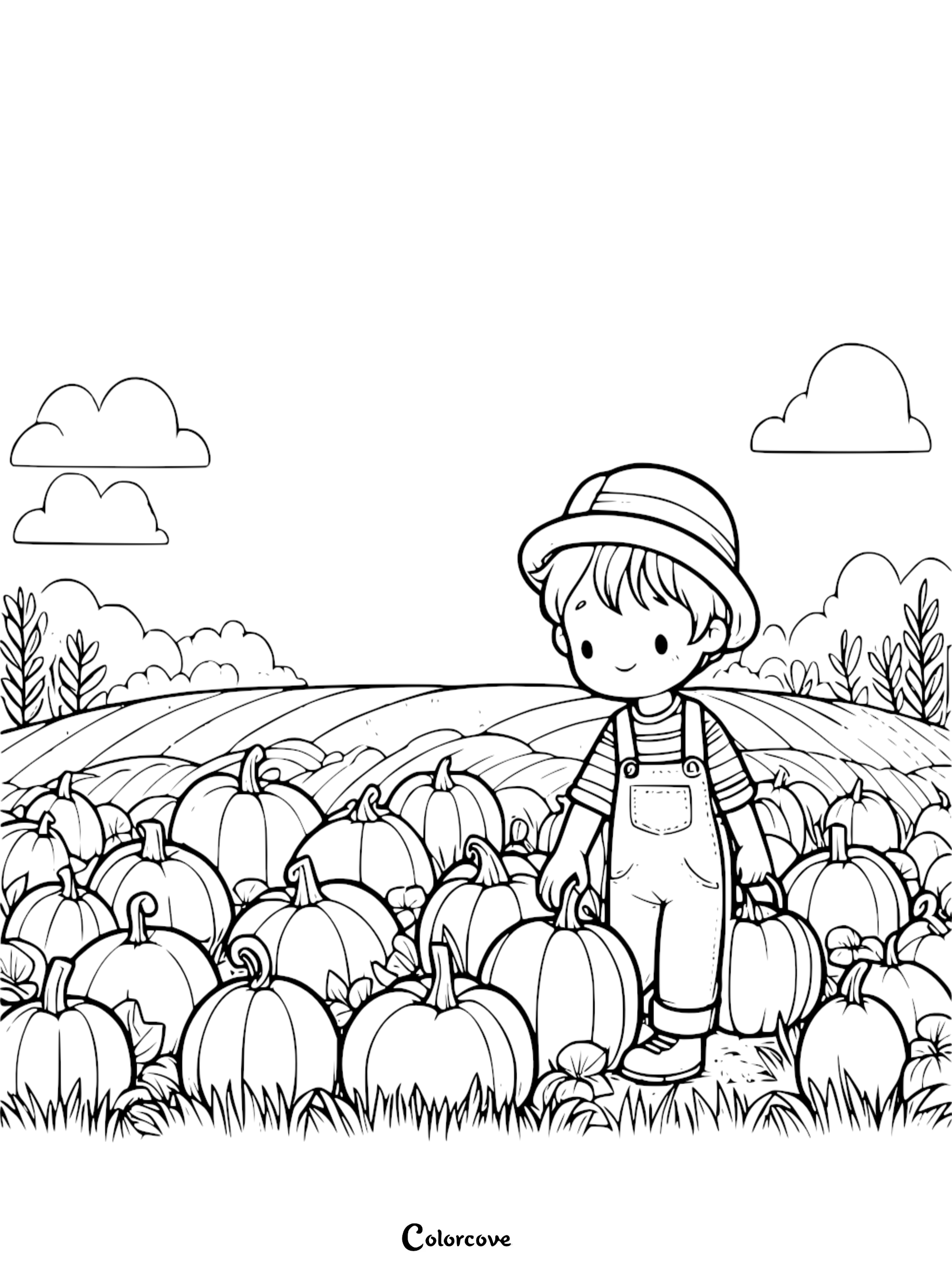 Kid picking pumpkins in a pumpkin patch coloring page for children | Free printable by colorcove.org