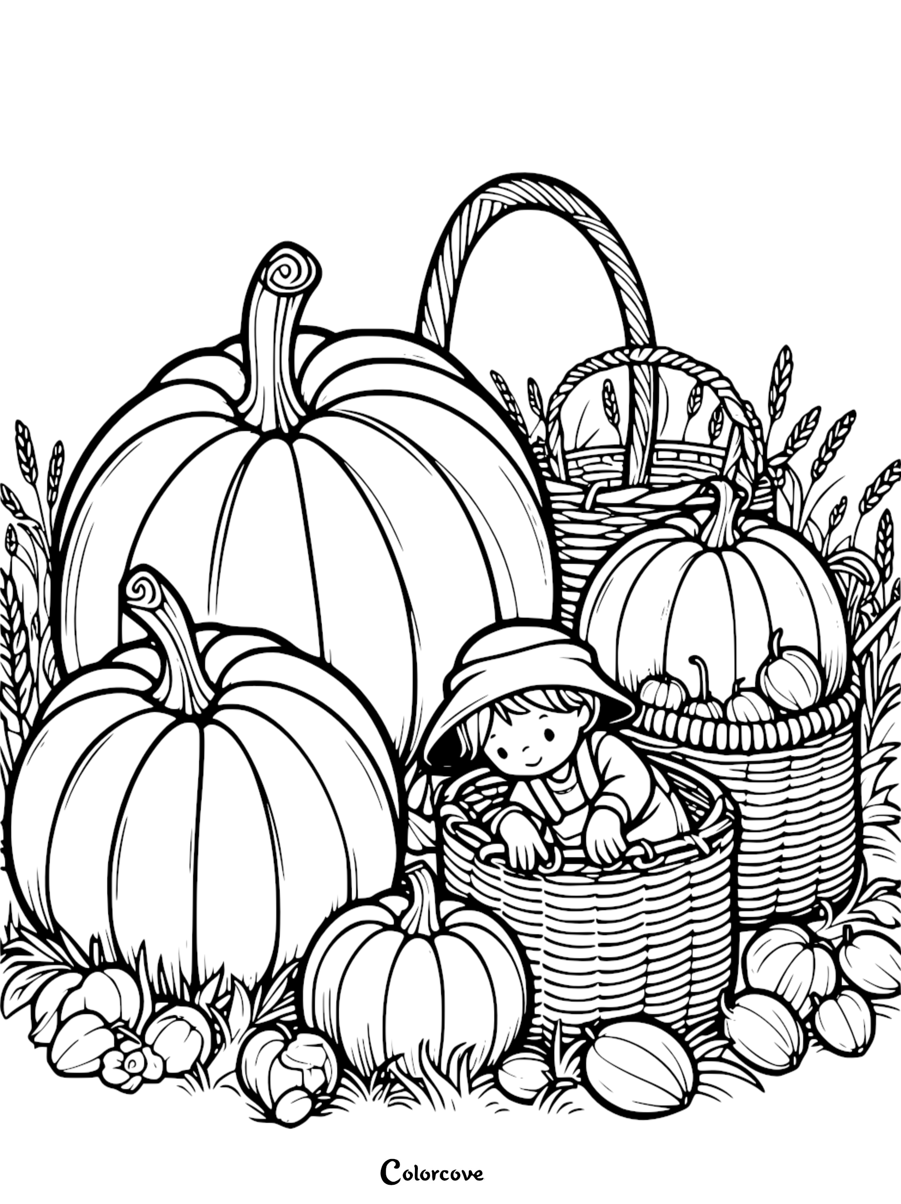 Child in a basket surrounded by pumpkins and harvest-themed decorations; pumpkin coloring page for kids - colorcove.org