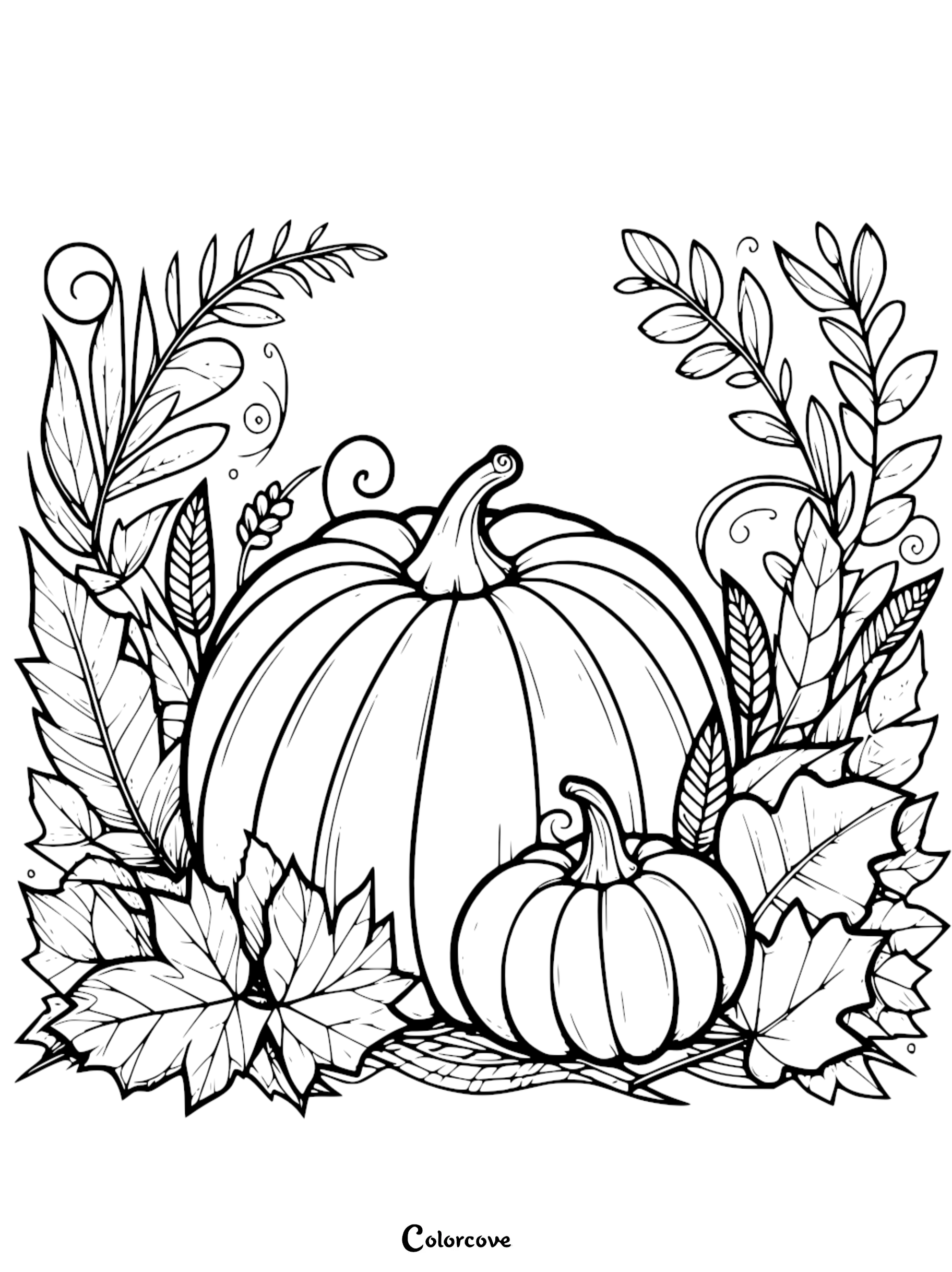 Pumpkin coloring page with intricate leaf designs, perfect for fall-themed activities. Free printable from colorcove.org.