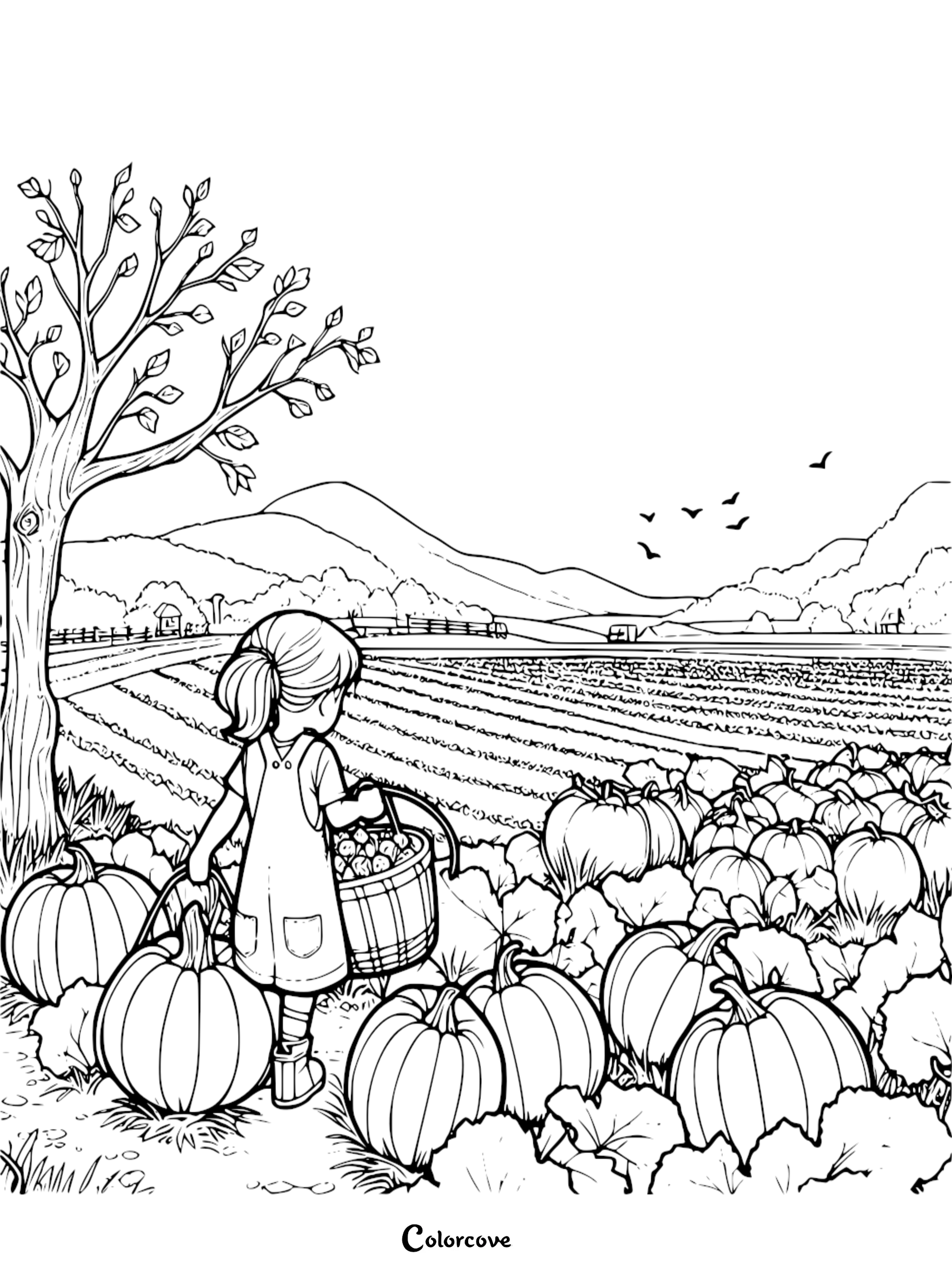 Girl in pumpkin patch coloring page. Child carrying basket in field. Free printable from ColorCove.org.