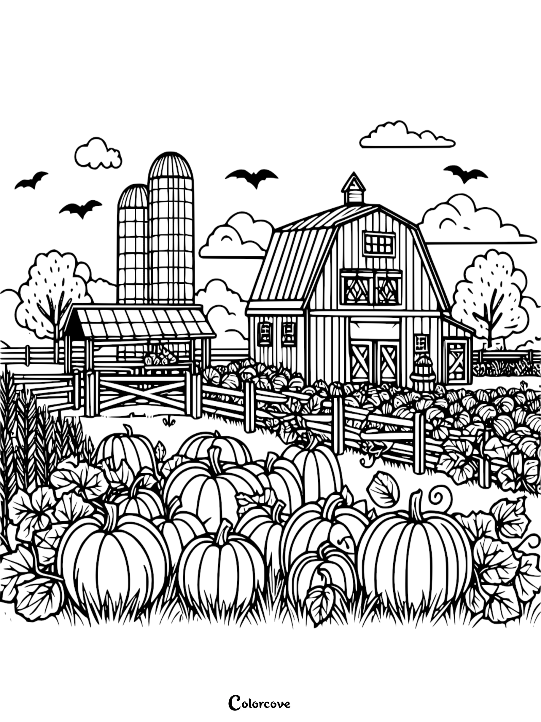 Farm coloring page with pumpkins, a barn, silos, and bats in the sky, perfect for autumn and Halloween themed coloring fun.