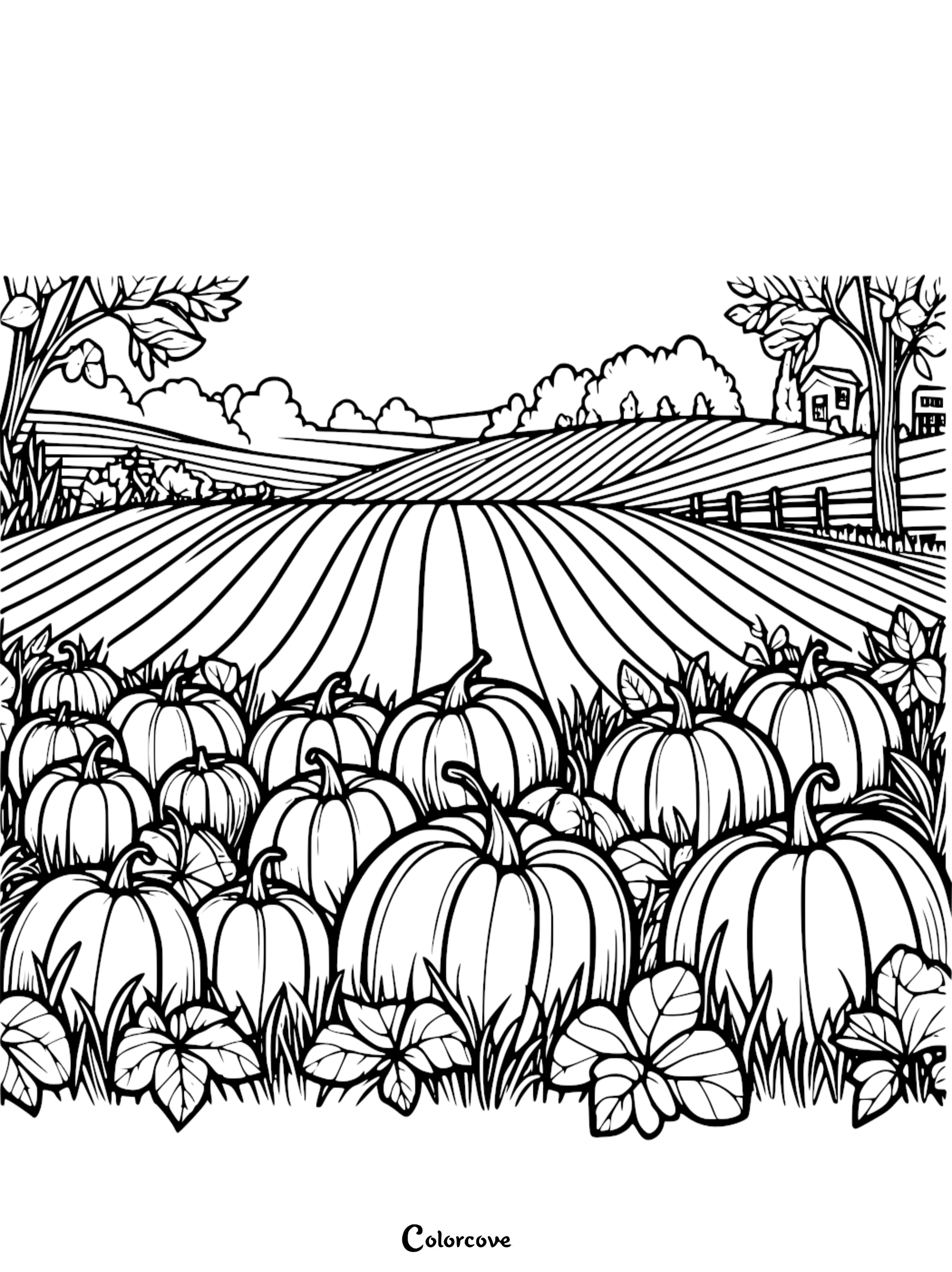 Coloring page featuring a pumpkin patch with large pumpkins, leaves, trees, and a barn in the countryside.