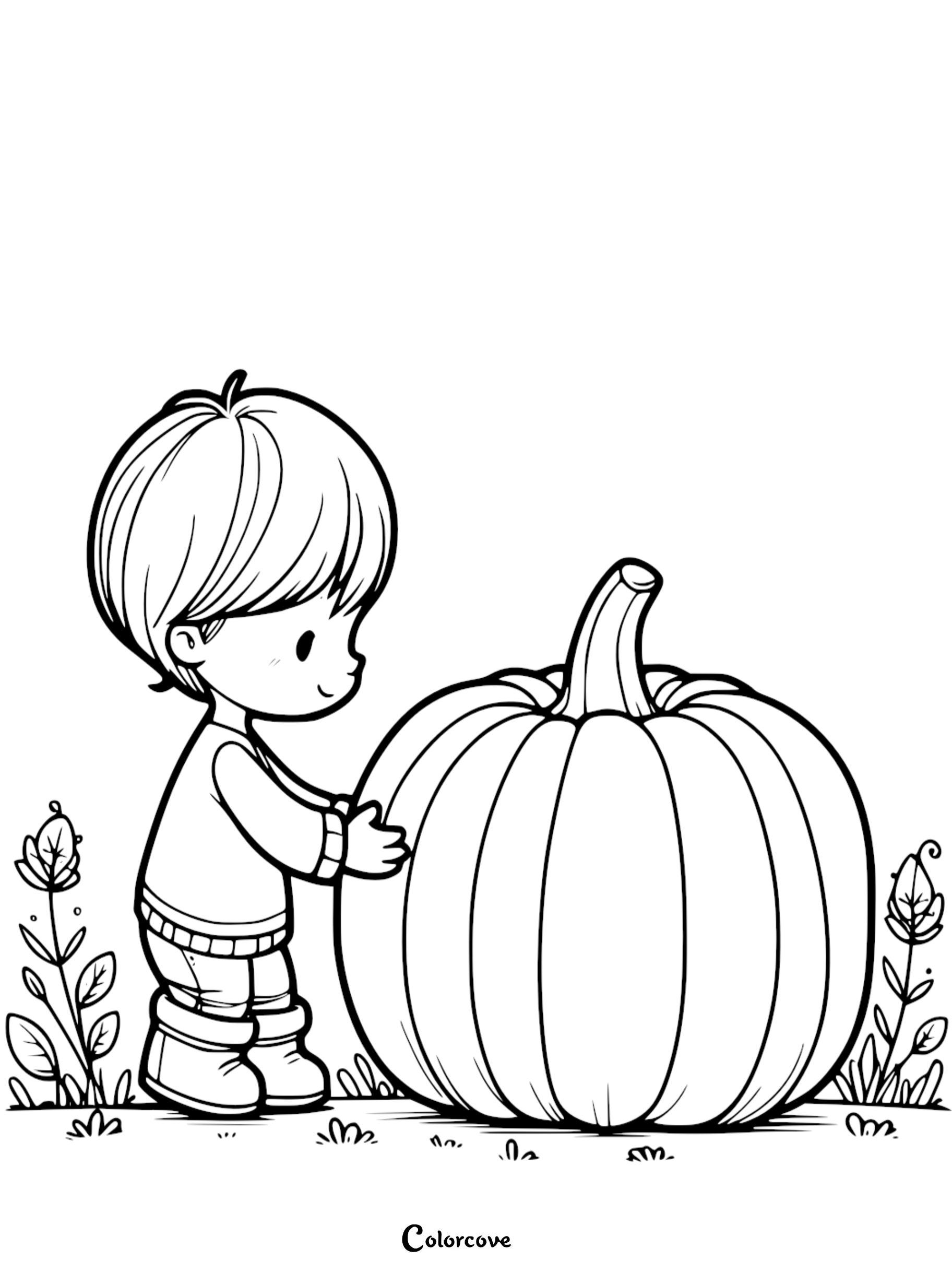 Child with a big pumpkin coloring page for kids, featuring a happy boy in a garden setting. Perfect for Halloween fun.
