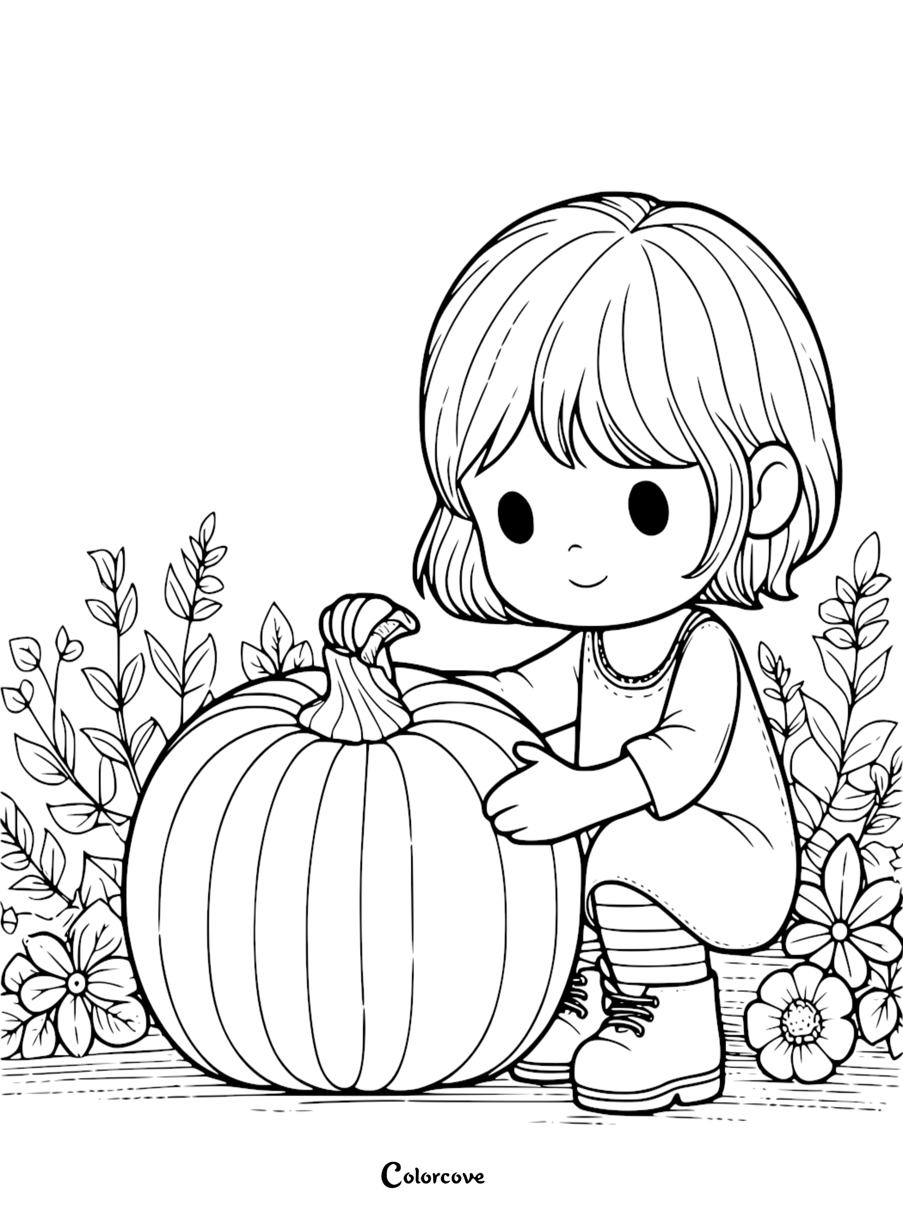 Coloring page of a child with short hair and striped socks holding a pumpkin, surrounded by flowers and leaves.
