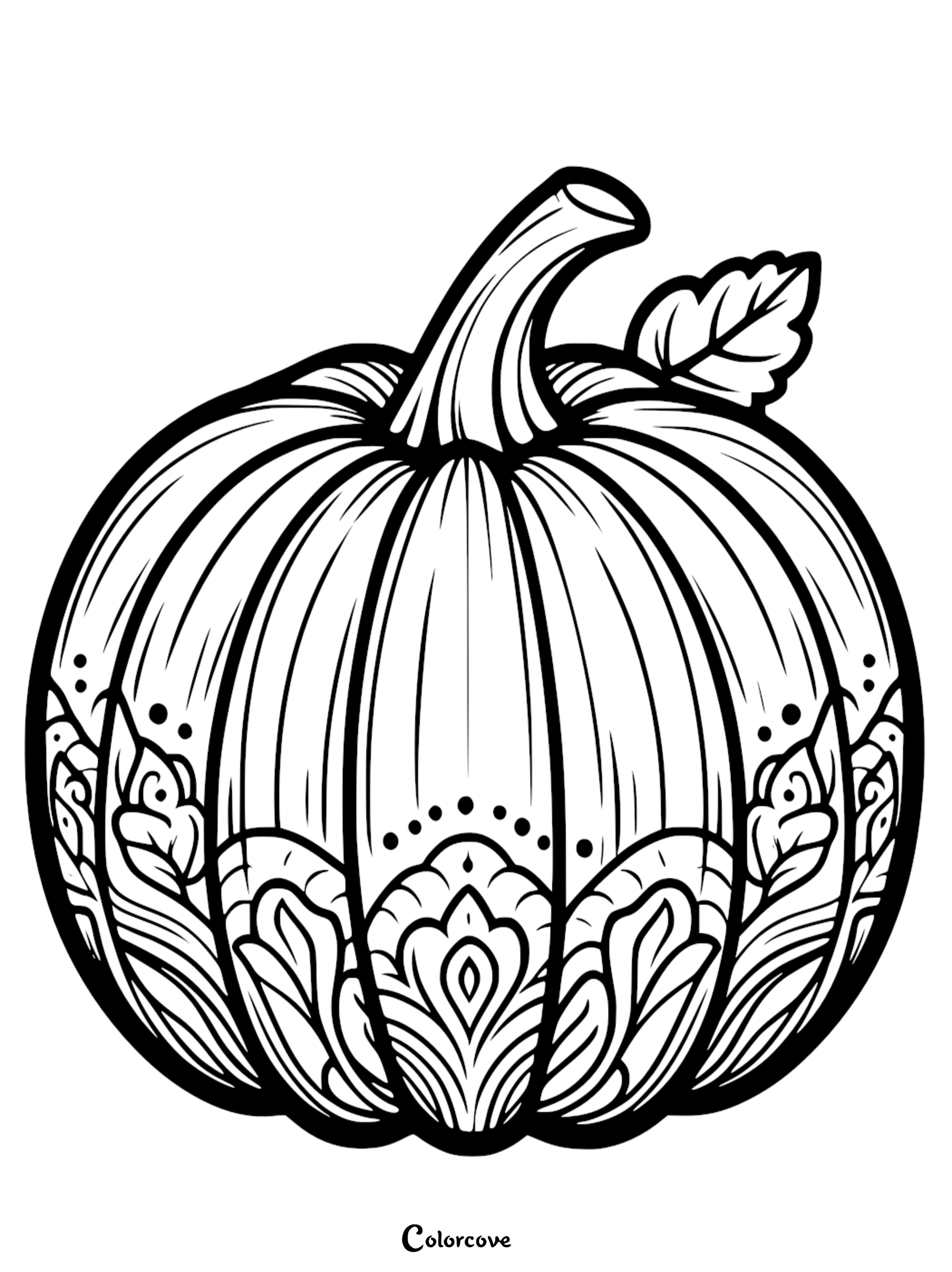 Pumpkin coloring page with intricate designs and patterns for kids and adults from ColorCove.org.