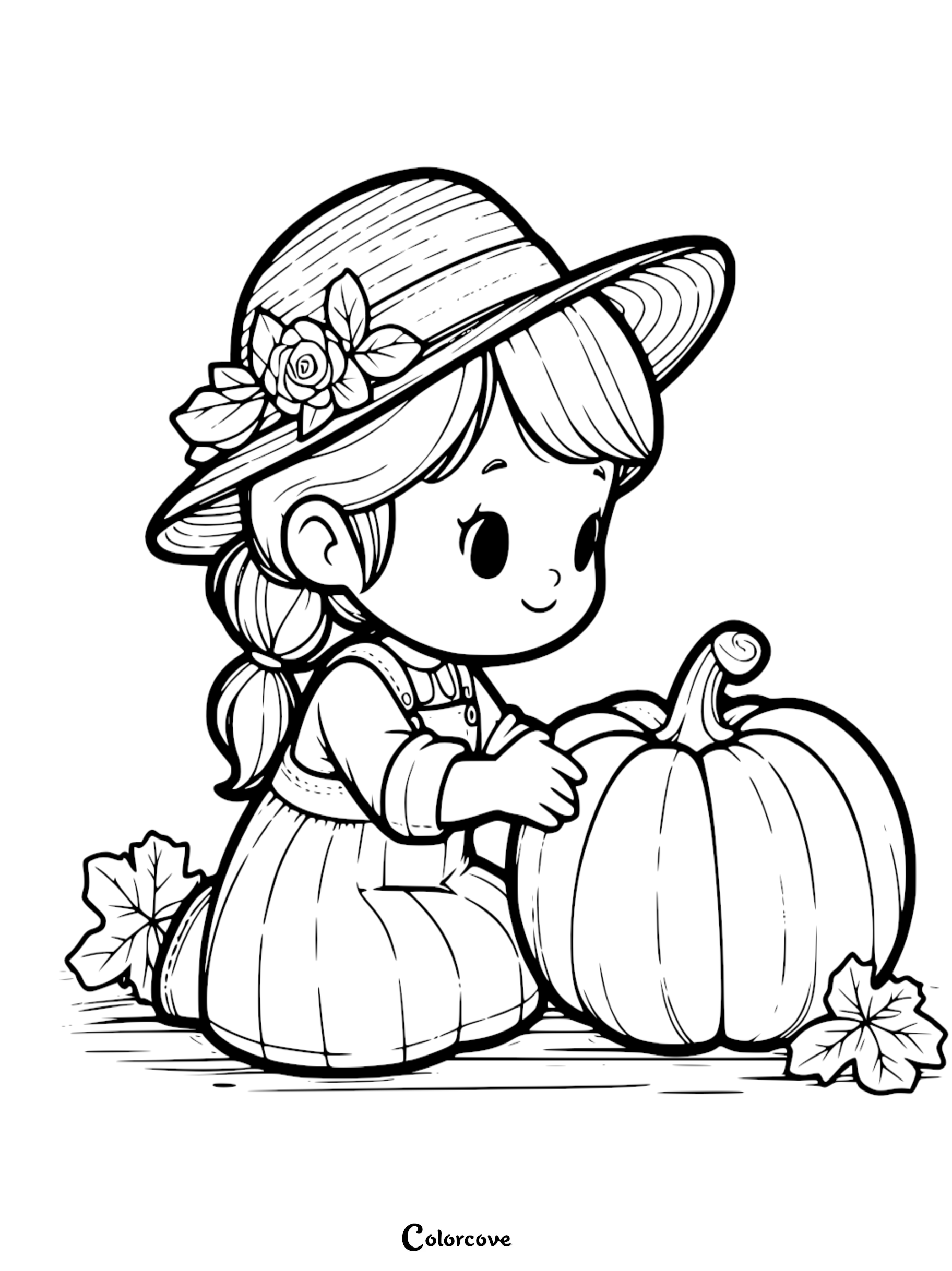 Girl with hat coloring page, sitting and holding a pumpkin. Free printable from colorcove.org.