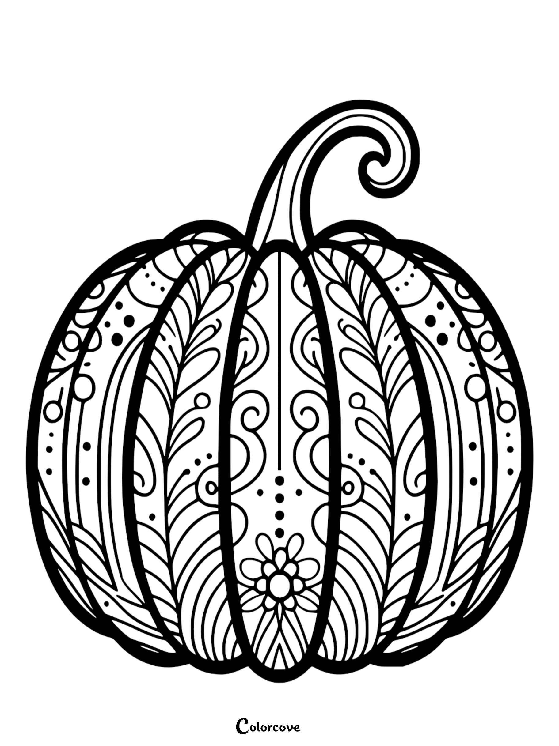Intricate pumpkin coloring page featuring detailed patterns and designs, perfect for autumn and Halloween activities.