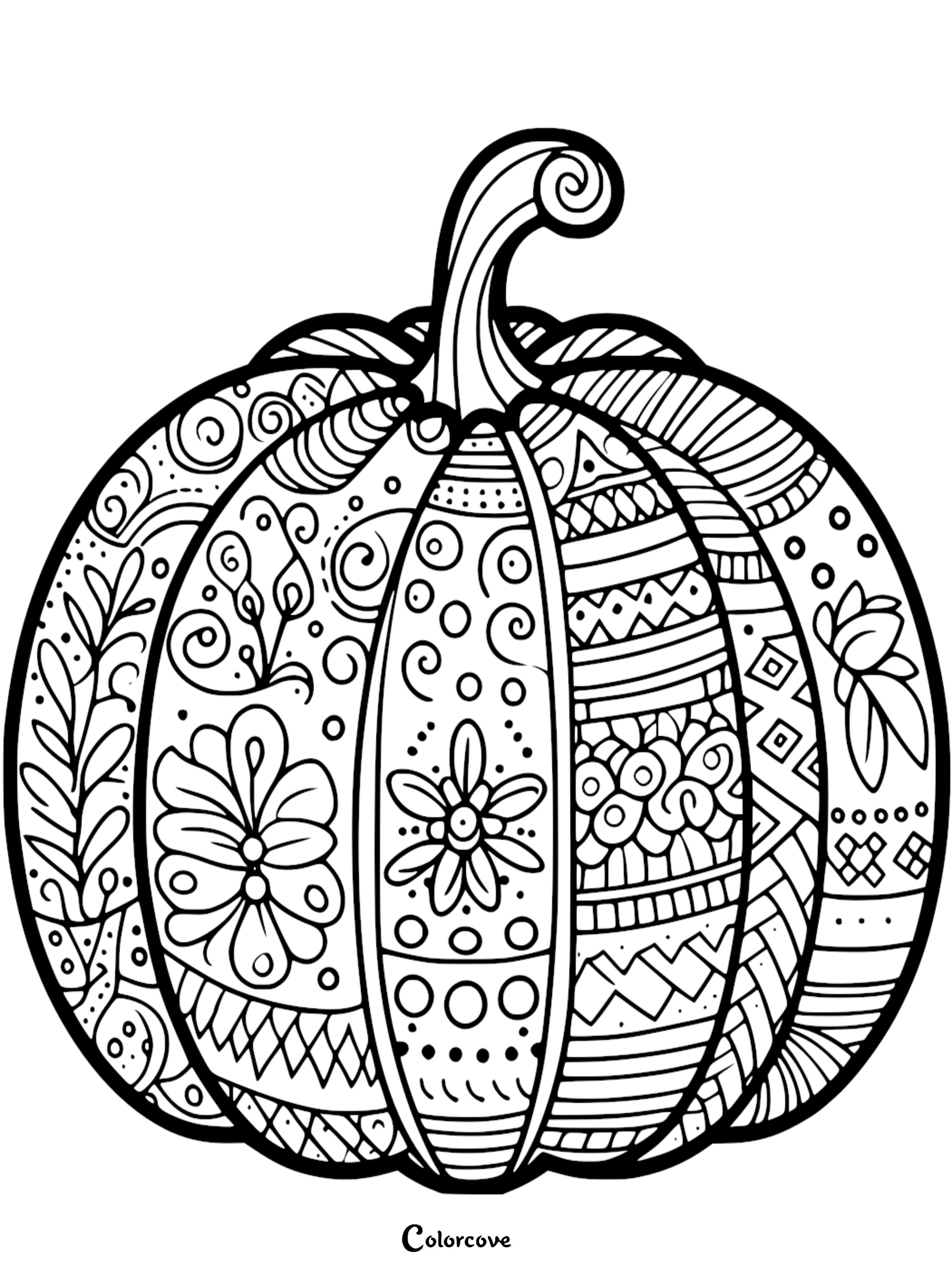 Intricate pumpkin coloring page with detailed patterns and designs for stress relief and creative expression.
