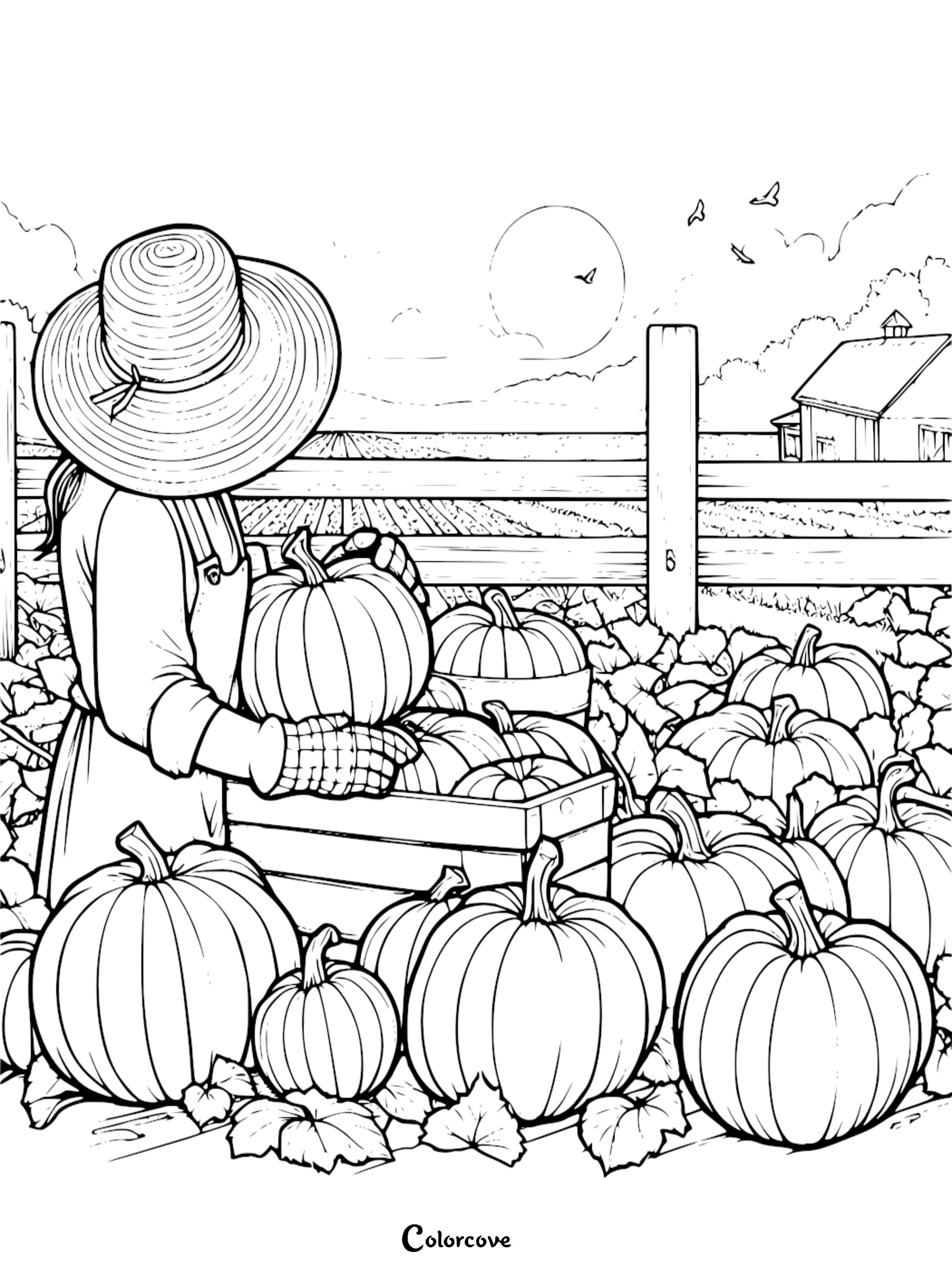Coloring page of a woman in a field harvesting pumpkins, with a barn and field in the background and a setting sun.