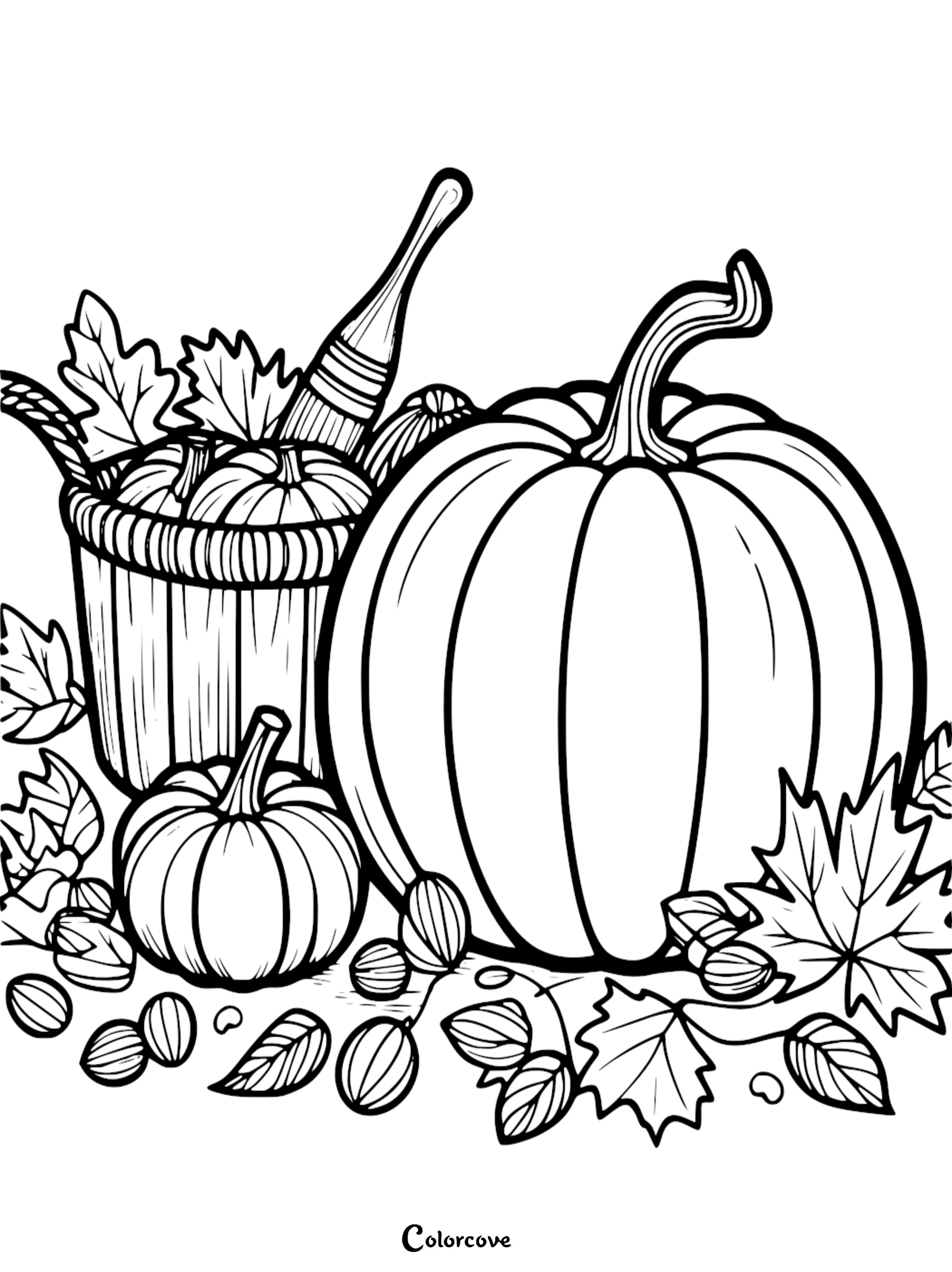 Autumn harvest coloring page with pumpkins, leaves, and acorns in a basket for kids to color, perfect for fall activities