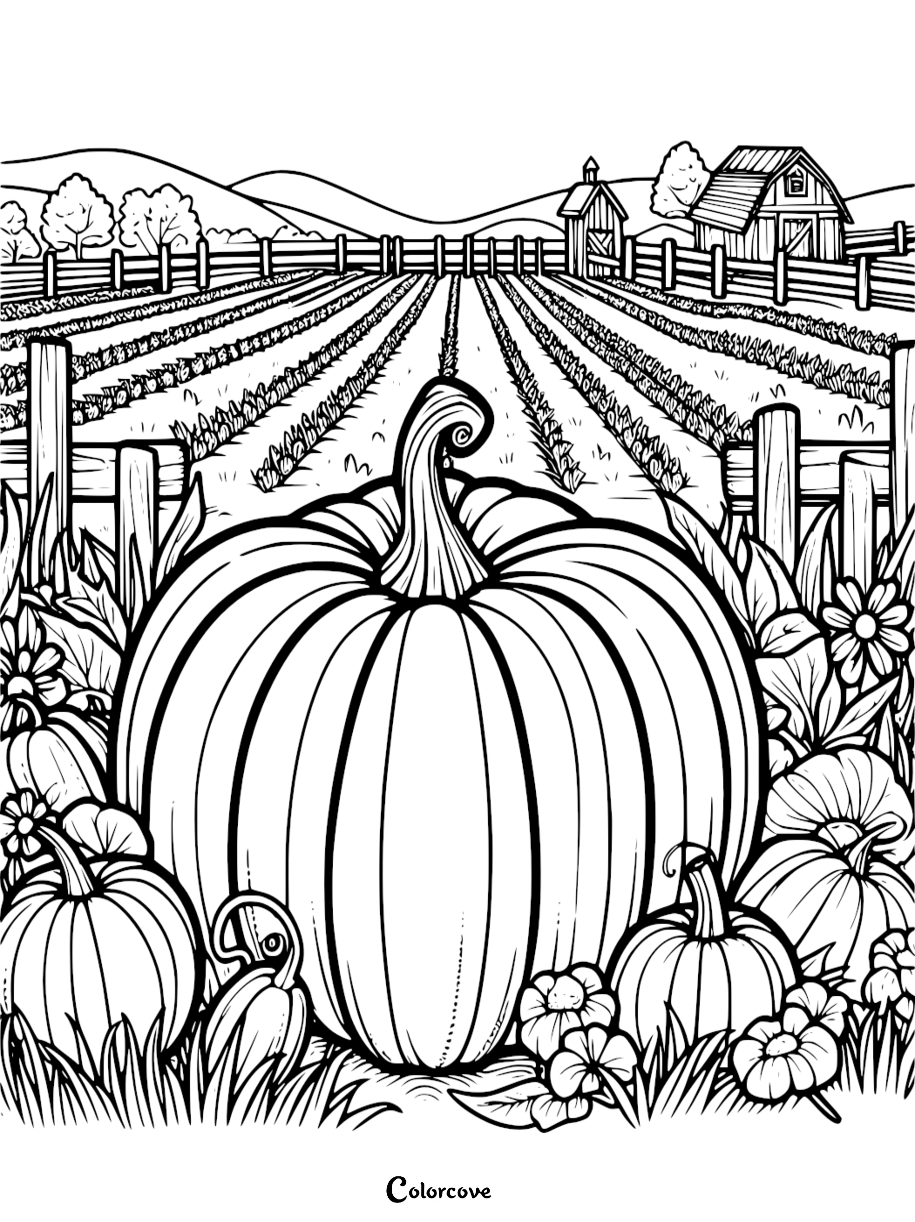 Pumpkin patch coloring page featuring large pumpkins, flowers, and a farm landscape with barns and fields in the background.