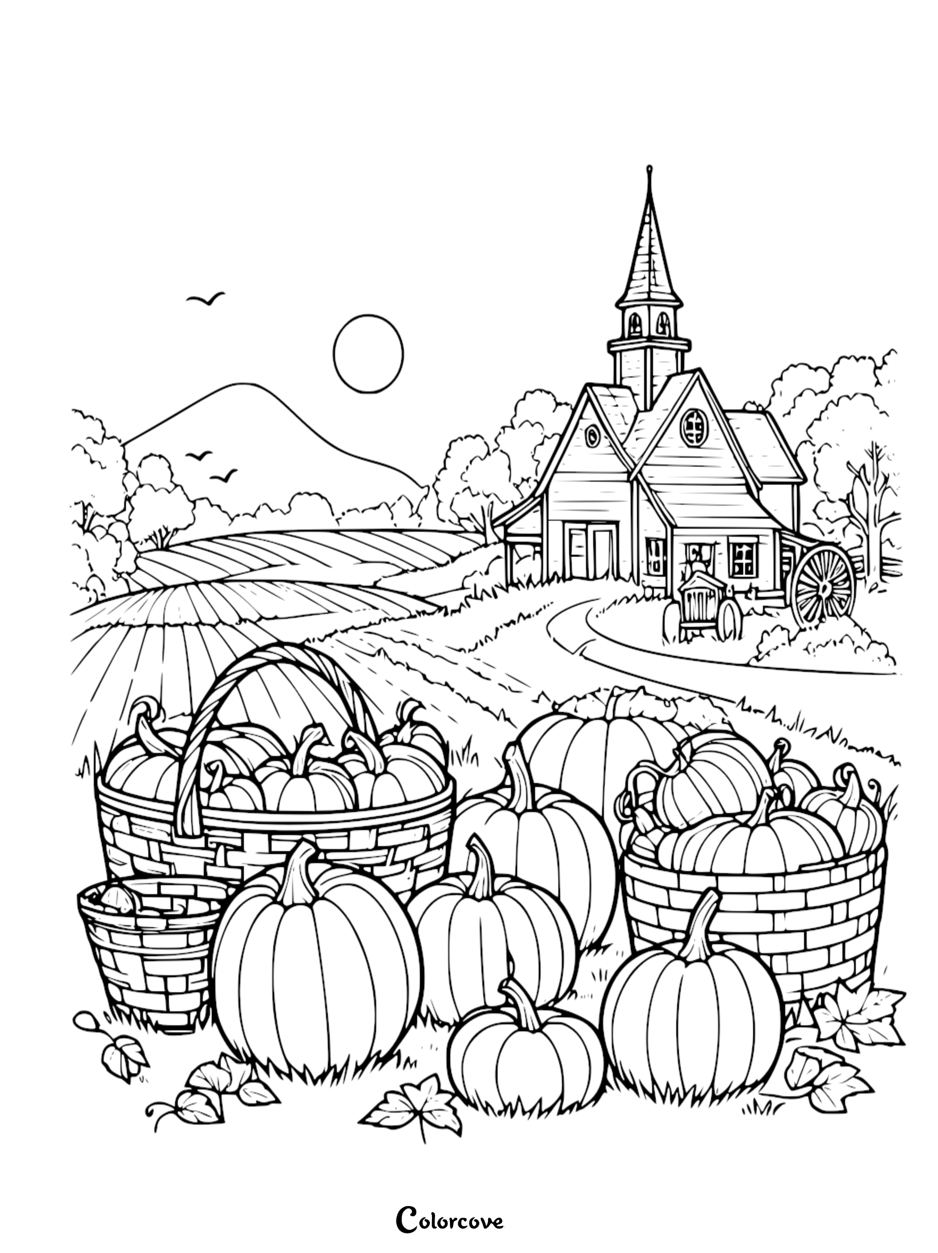 Coloring page of a rustic farm with baskets of pumpkins, mountains, trees, and a farmhouse in the background.