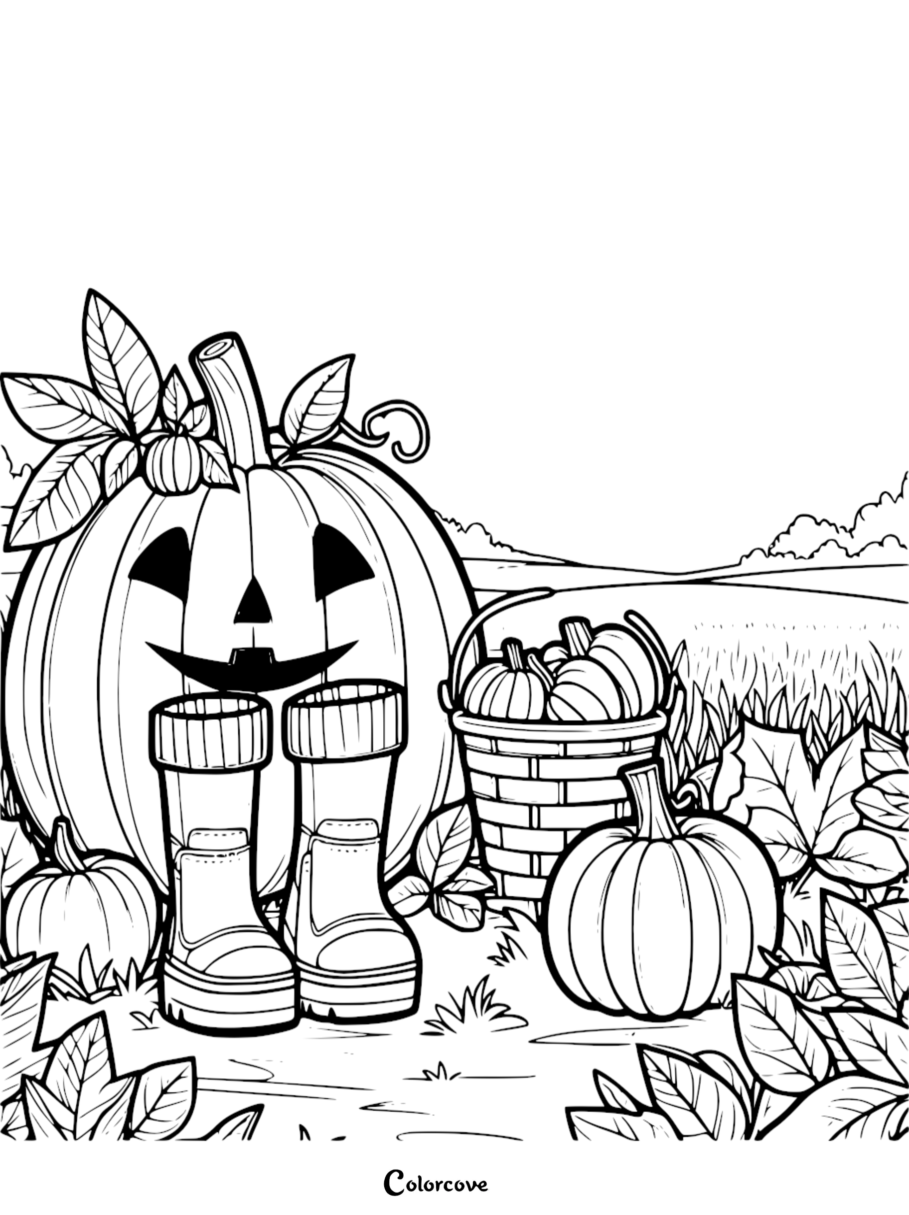 A fun Halloween coloring page featuring pumpkins, rain boots, and a Jack-o'-lantern with a fall harvest scene.