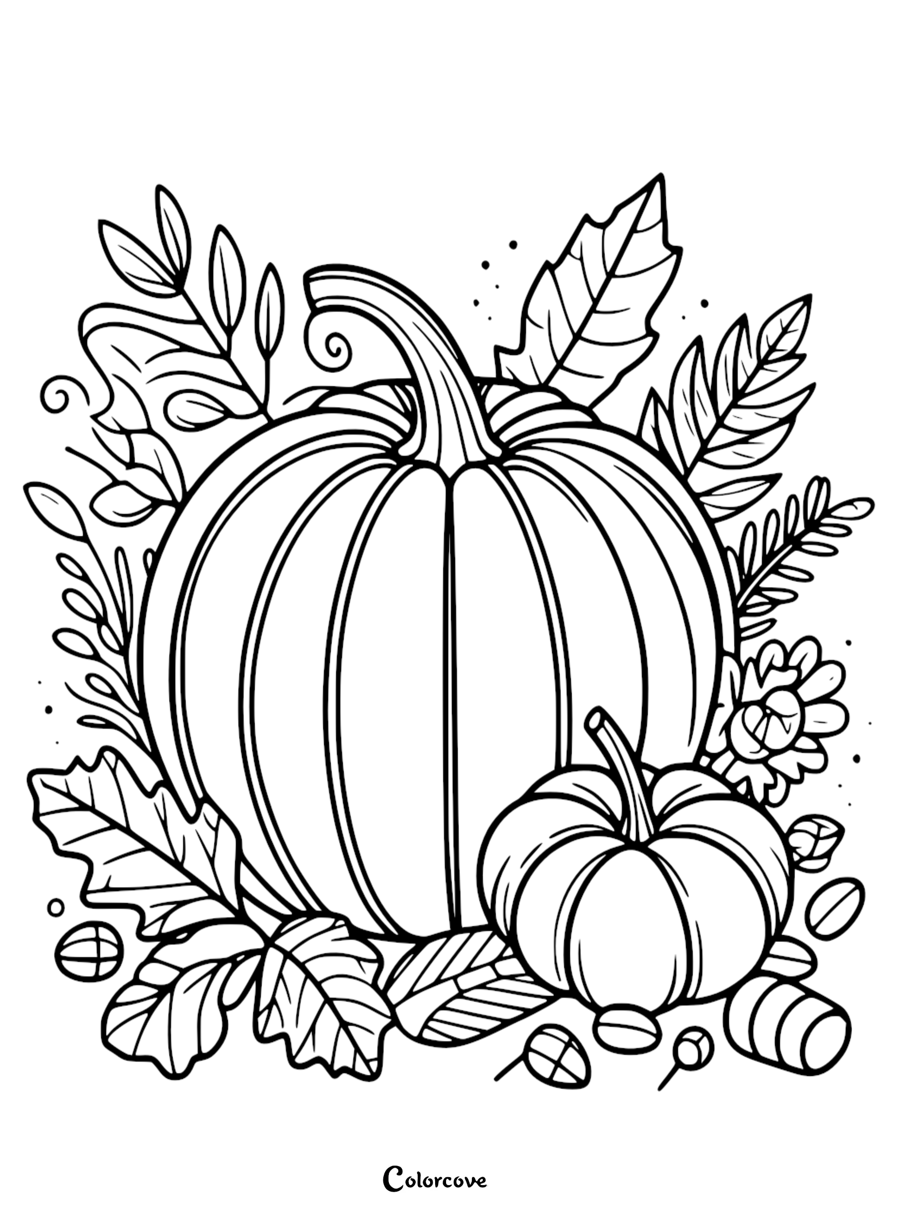 Pumpkin Coloring Page - Fall Harvest Coloring - Autumn Leaves and Pumpkins - Printable Coloring Sheet for Adults and Kids