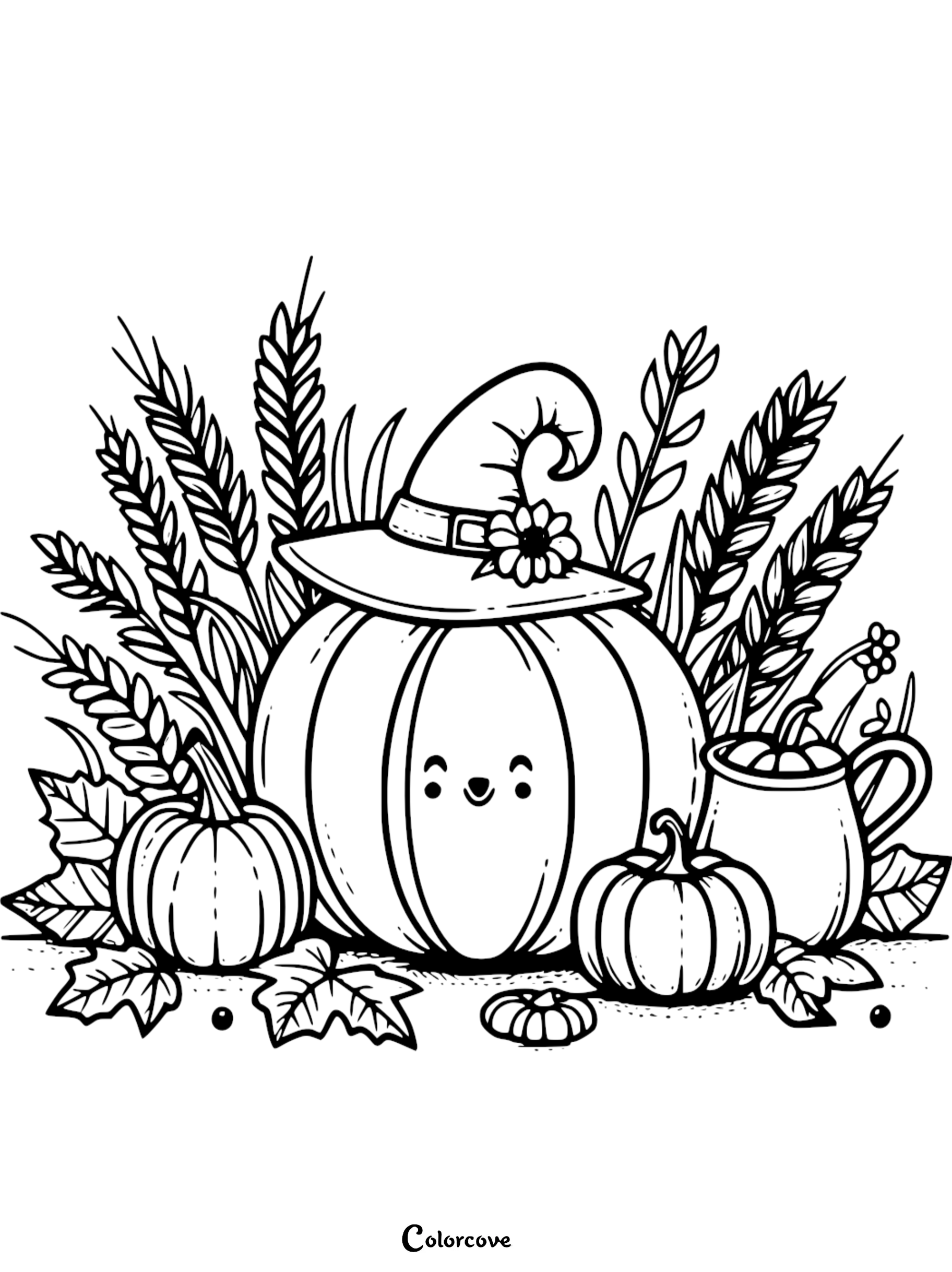 Cute fall pumpkin coloring page with a smiling pumpkin wearing a witch hat, surrounded by leaves and smaller pumpkins.